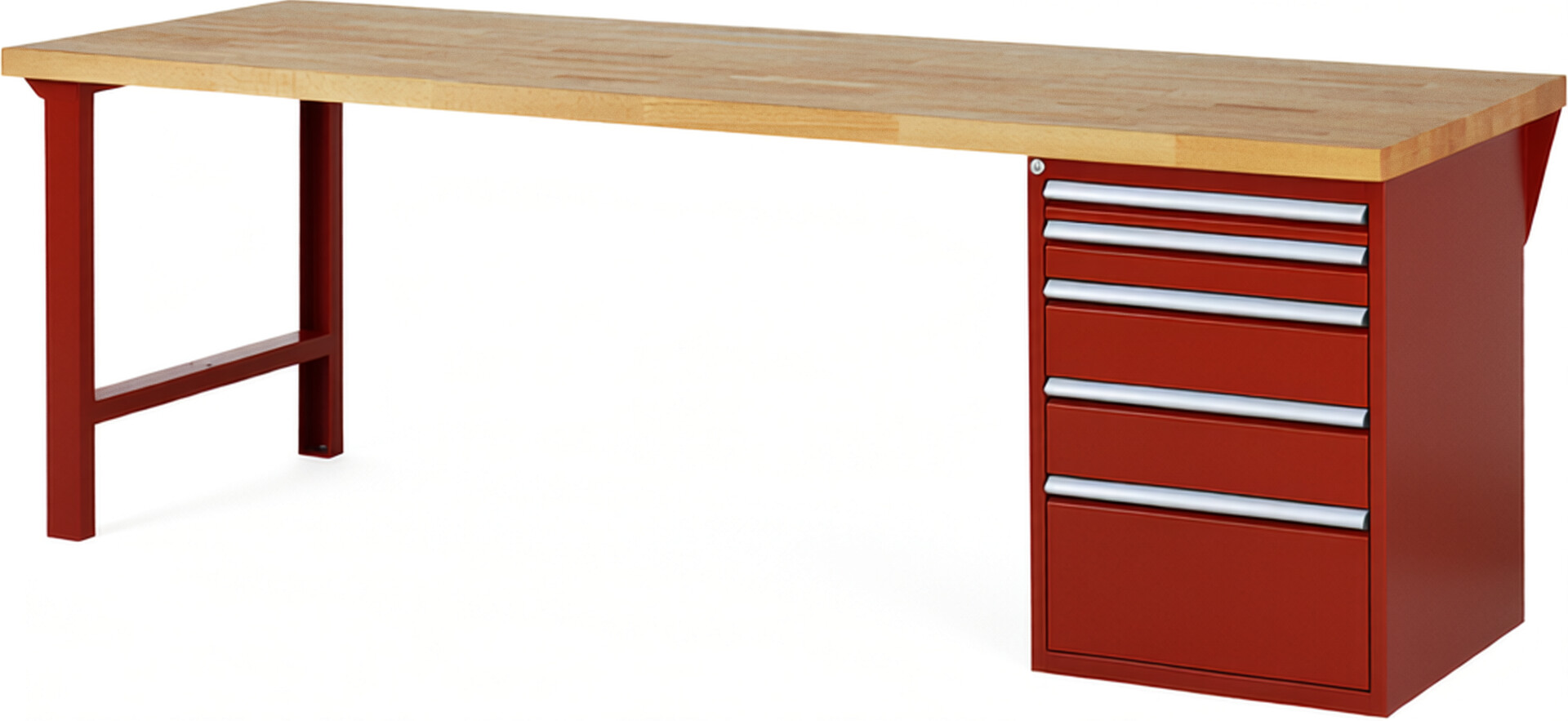 Werkbank Modell 7511 rot, BxTxH 2500x900x890 mm,  Buche-Massiv Arbeitsplatte 40 mm,  5 Schubladen mit  Auszug 90 %