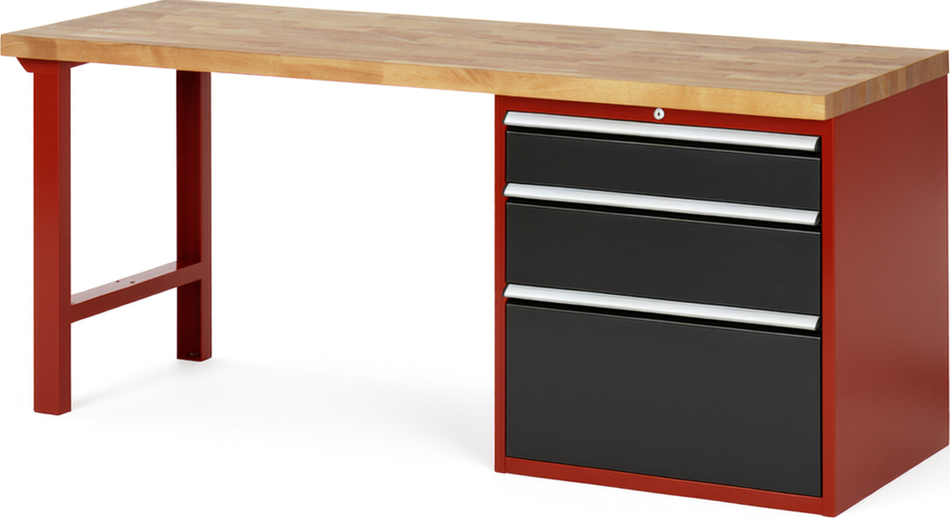 Werkbank Modell 7608 rot - schwarz, BxTxH 2000x700x890 mm,  Buche-Massiv Arbeitsplatte 40 mm,  3 Schubladen mit  Vollauszug 100 % und  SoftClosing