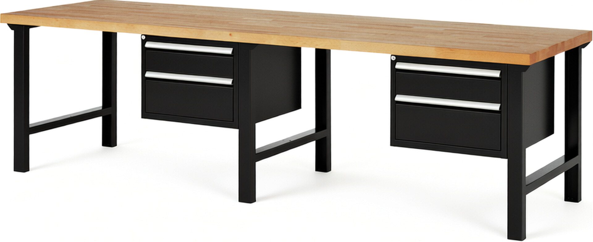 Werkbank Modell 7123 schwarz, BxTxH 3000x900x840 mm,  Buche-Massiv Arbeitsplatte 40 mm,  4 Schubladen mit  Auszug 90 %
