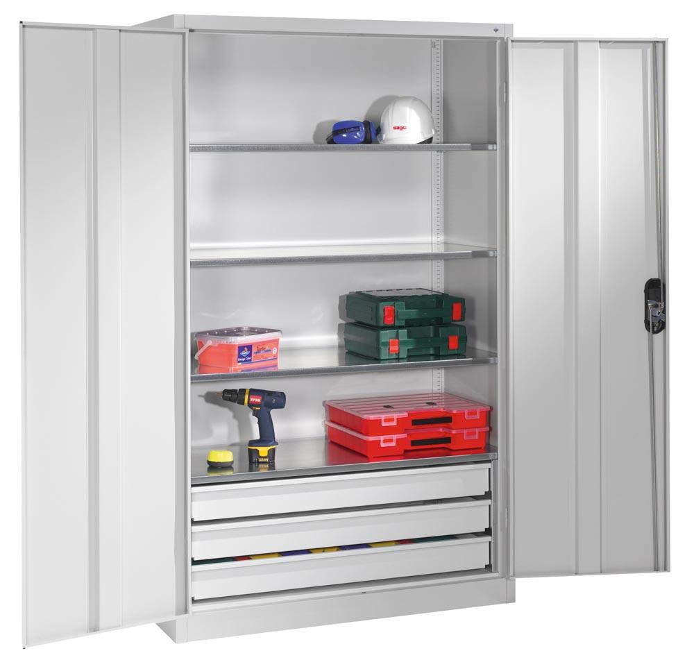 C+P Großraum Werkzeugschrank, Maschinenschrank, 4 Fachböden, 3 Schubladen unten, Farbe lichtgrau, 1.950 x 1.200 x 500 (HxBxT)