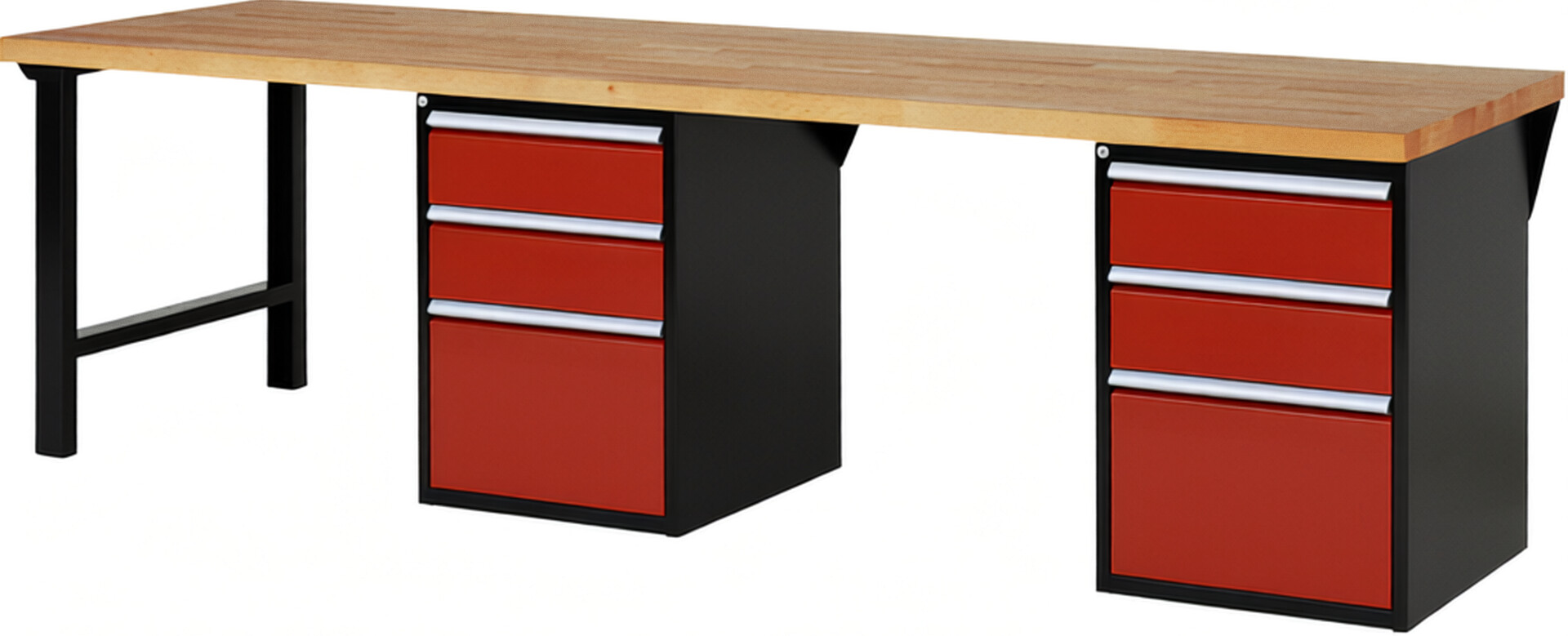 RAU Werkbank schwarz - rot - Breite 300 cm - Tiefe 90 cm - Höhe 89 cm - Buche-Massiv Arbeitsplatte 40 mm
