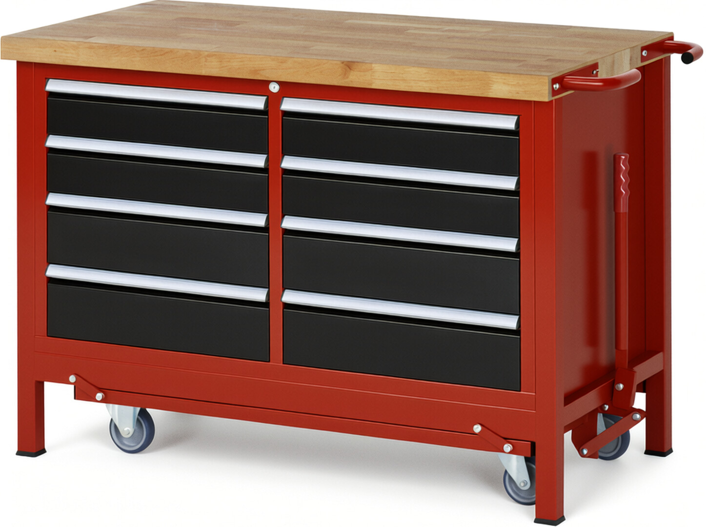 Absenkbare Werkbank Modell 8477 rot - schwarz, BxTxH 1250x700x880 mm,  Buche-Massiv Arbeitsplatte 40 mm,  8 Schubladen mit  Vollauszug 100 % und  SoftClosing