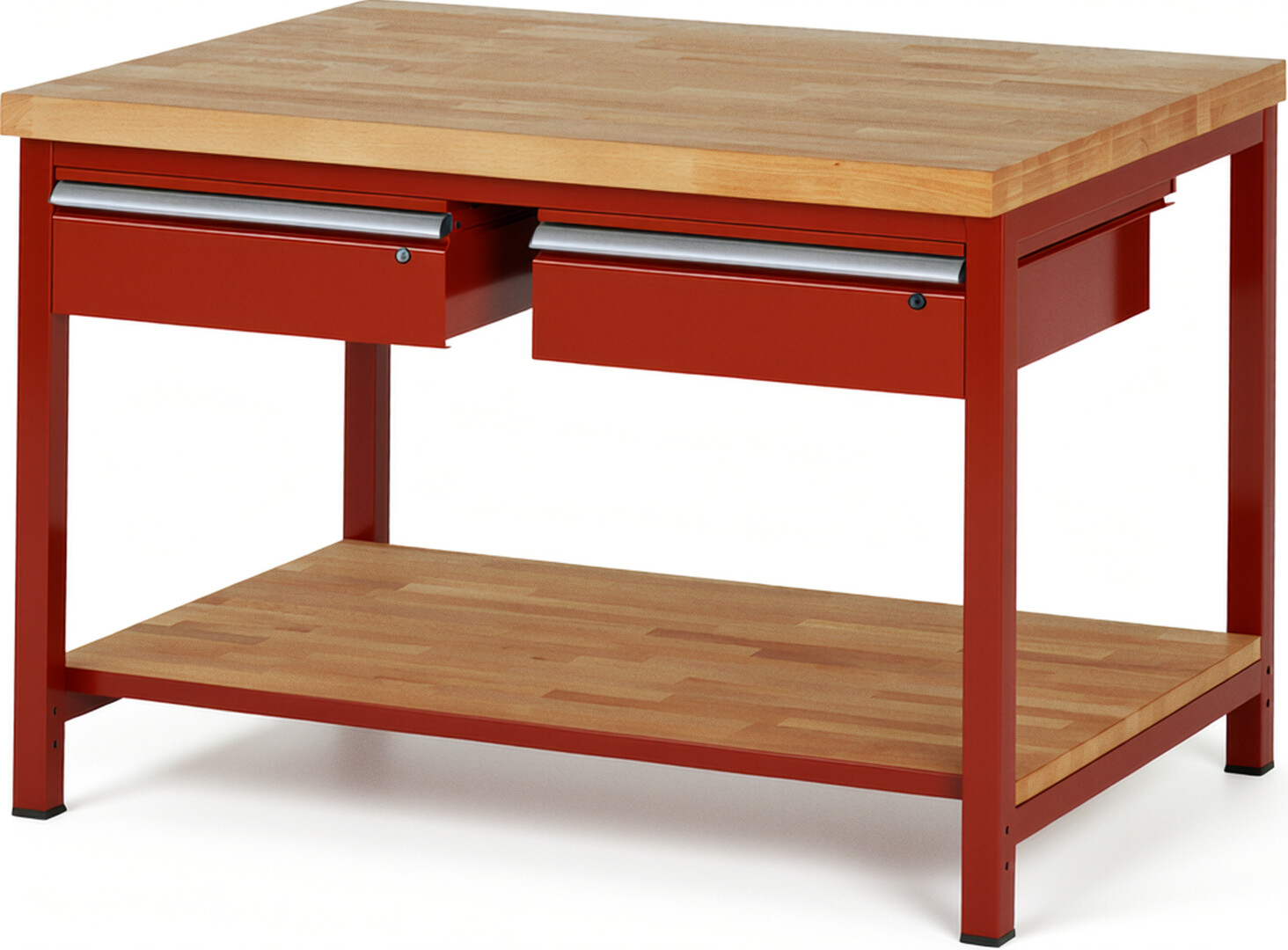 Werkbank Modell 8002 rot, BxTxH 1250x900x840-1040 mm,  Buche-Massiv Arbeitsplatte 40 mm,  2 Schubladen mit  Auszug 90 %