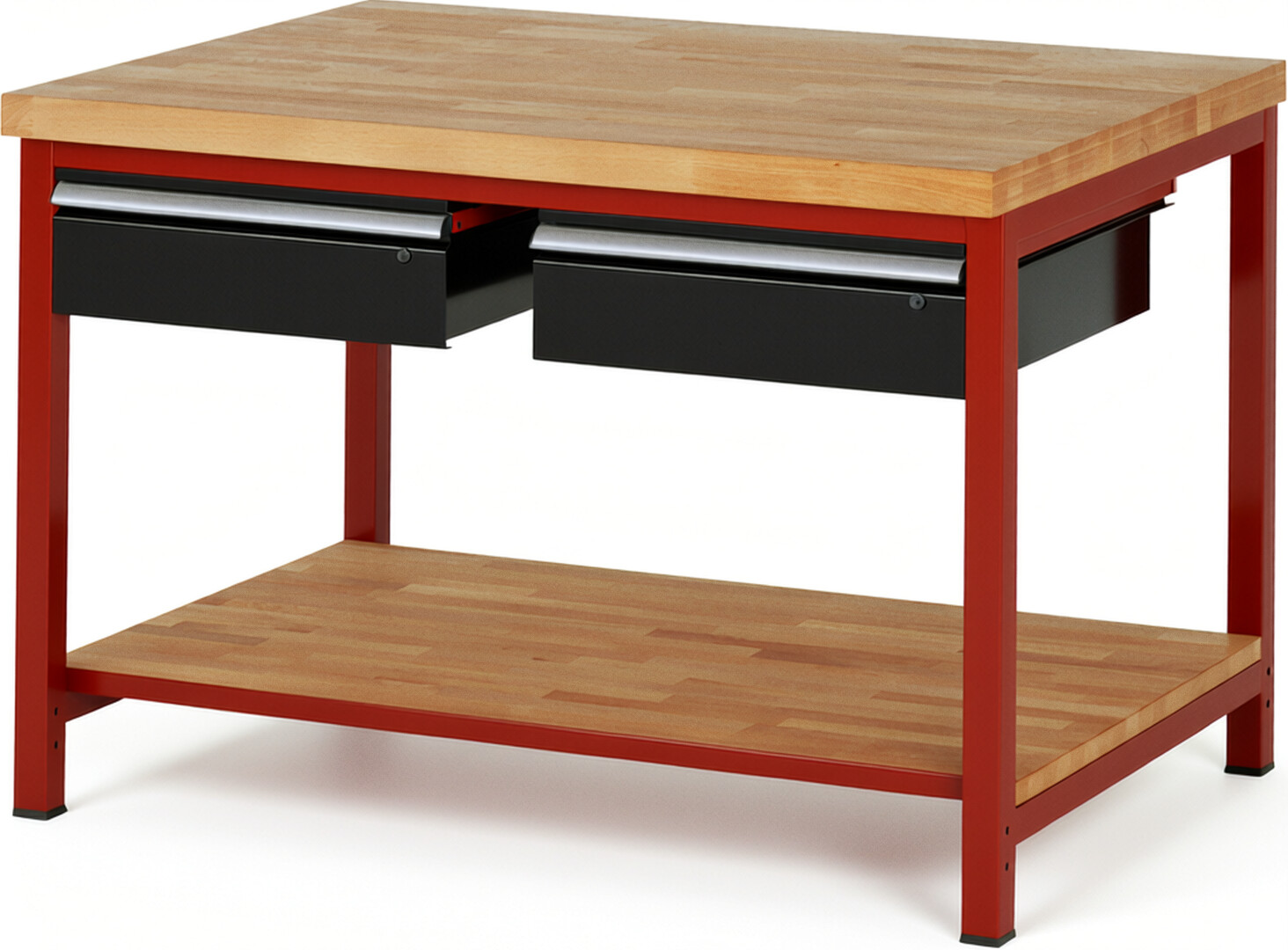 Werkbank Modell 8002 rot - schwarz, BxTxH 1250x900x840-1040 mm,  Buche-Massiv Arbeitsplatte 40 mm,  2 Schubladen mit  Auszug 90 %