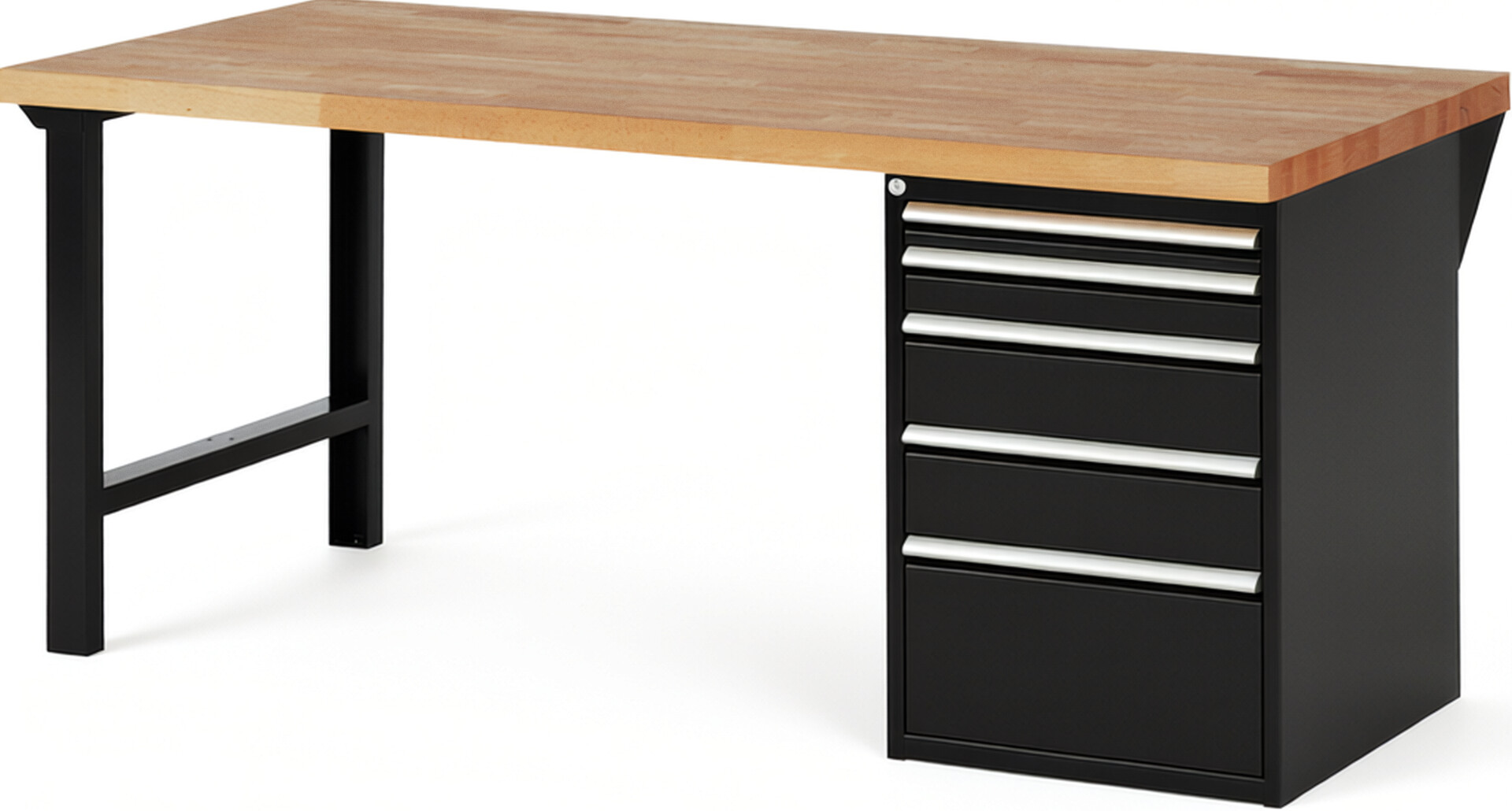 Werkbank Modell 7511 schwarz, BxTxH 2000x900x890 mm,  Buche-Massiv Arbeitsplatte 40 mm,  5 Schubladen mit  Auszug 90 %