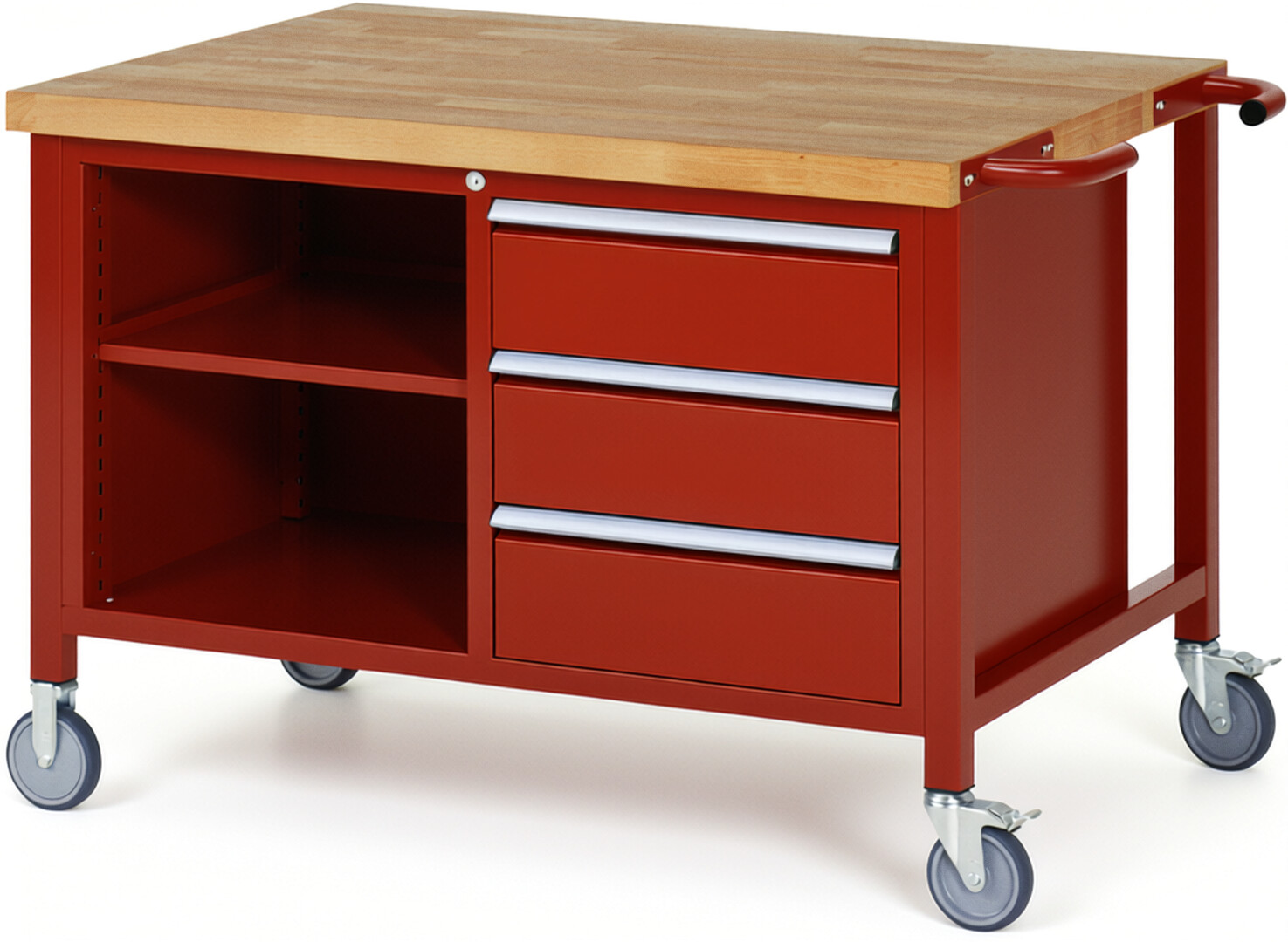 Fahrbare Werkbank Modell 8462 rot, BxTxH 1250x900x880 mm,  Buche-Massiv Arbeitsplatte 40 mm,  3 Schubladen mit  Auszug 90 %