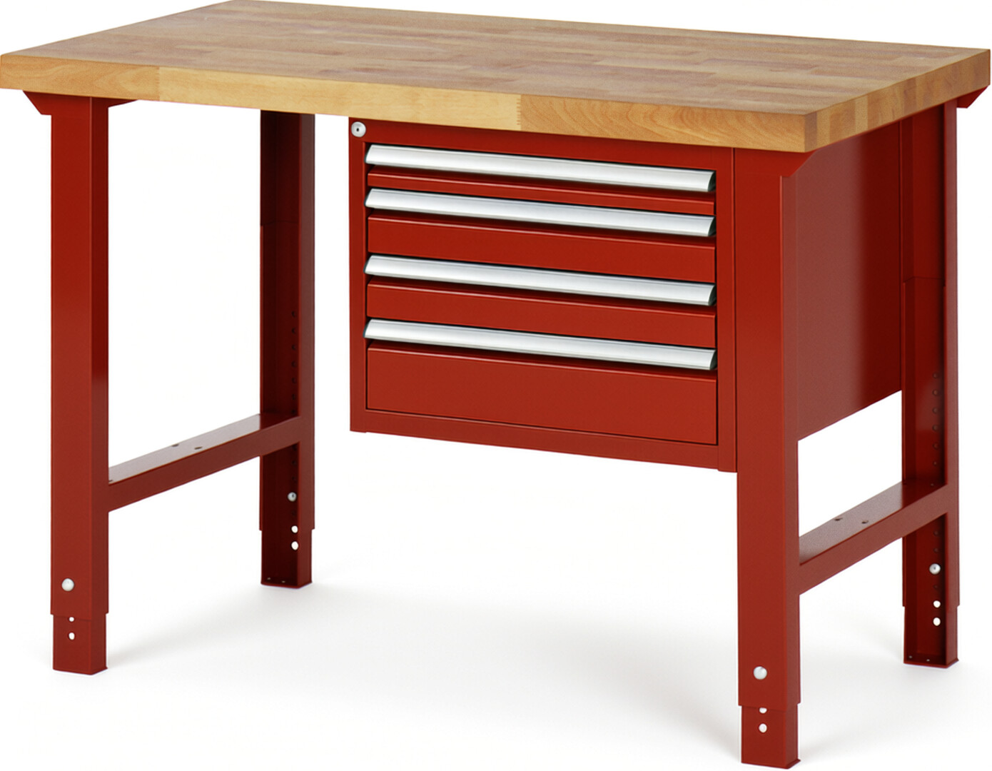 Werkbank Modell 7132 rot, BxTxH 1250x700x790-1140 mm,  Buche-Massiv Arbeitsplatte 40 mm,  4 Schubladen mit  Auszug 90 %