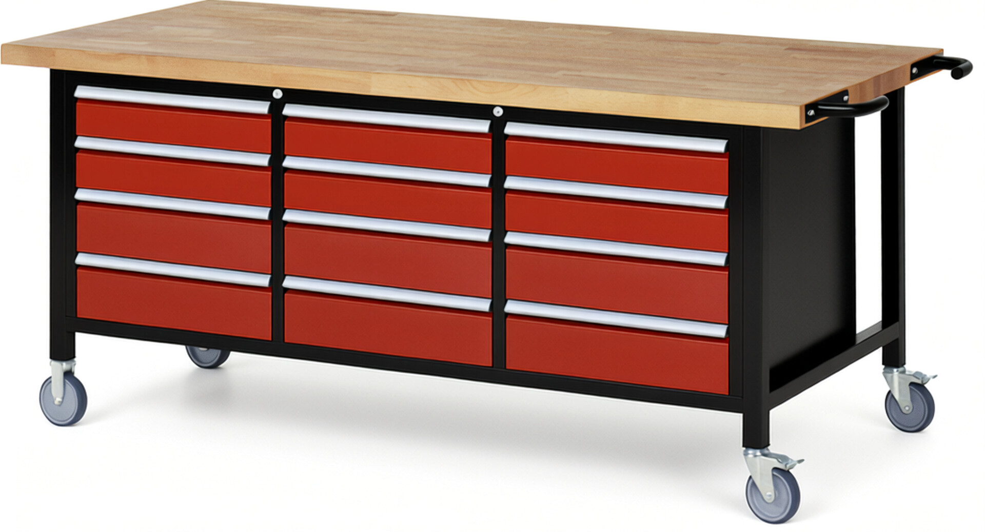 RAU Werkbank schwarz - rot - Breite 200 cm - Tiefe 90 cm - Höhe 108 cm - Buche-Massiv Arbeitsplatte 40 mm