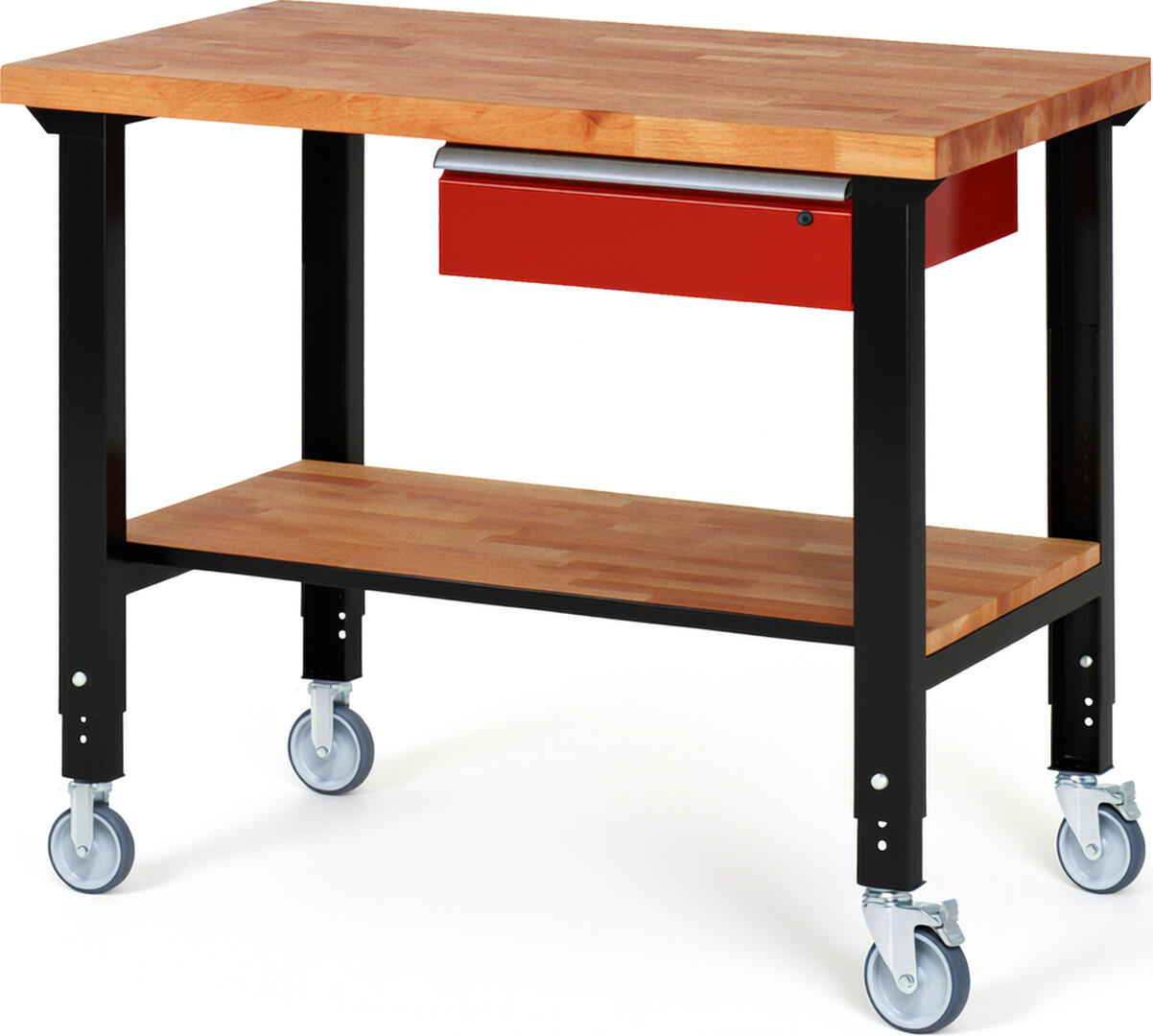 RAU Werkbank schwarz - rot - Breite 125 cm - Tiefe 70 cm - Höhe 100 cm - Buche-Massiv Arbeitsplatte 40 mm