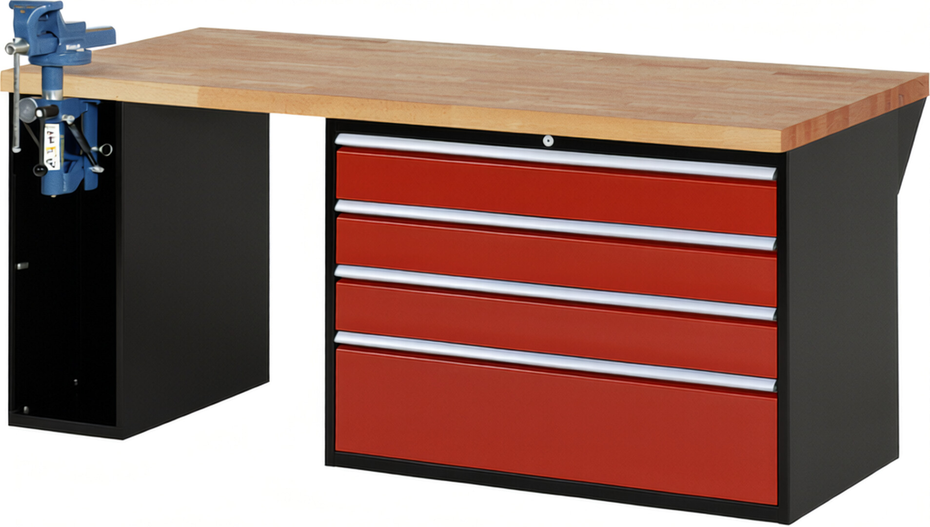 RAU Werkbank schwarz - rot - Breite 200 cm - Tiefe 90 cm - Höhe 84 cm - Buche-Massiv Arbeitsplatte 40 mm