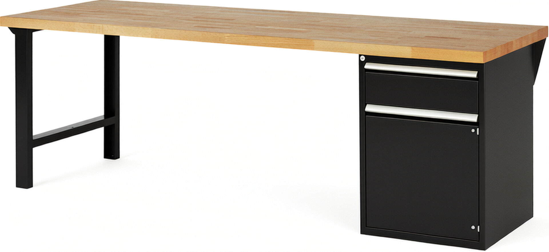 Werkbank Modell 7502 schwarz, BxTxH 2500x900x890 mm,  Buche-Massiv Arbeitsplatte 40 mm,  1 Schublade mit  Auszug 90 %