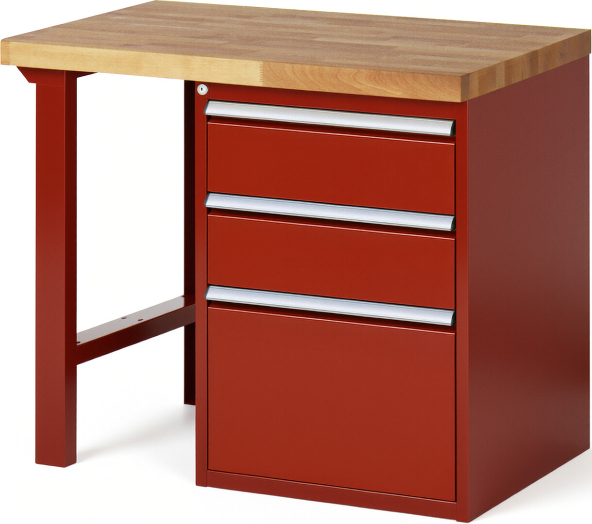 Werkbank Modell 7507 rot, BxTxH 1000x700x890 mm,  Buche-Massiv Arbeitsplatte 40 mm,  3 Schubladen mit  Auszug 90 %