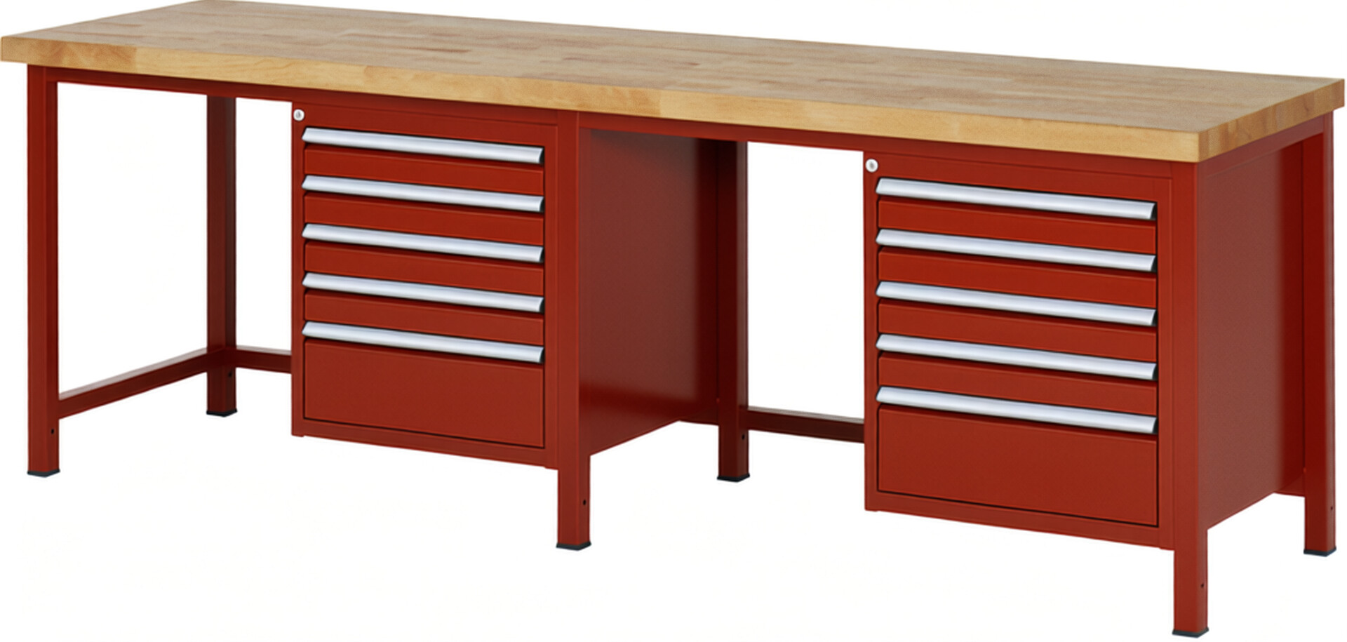 Werkbank Modell 8168 rot, BxTxH 2500x700x840 mm,  Buche-Massiv Arbeitsplatte 40 mm,  10 Schubladen mit  Vollauszug 100 % und  SoftClosing