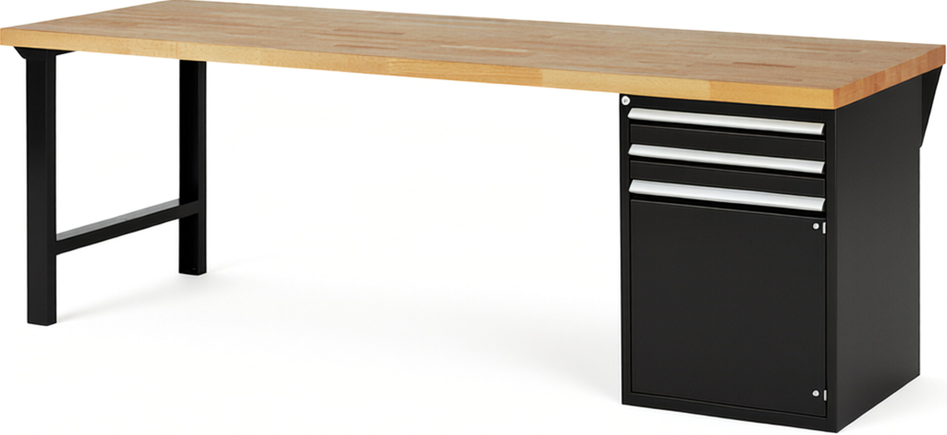 Werkbank Modell 7503 schwarz, BxTxH 2500x900x840 mm,  Buche-Massiv Arbeitsplatte 40 mm,  2 Schubladen mit  Auszug 90 %