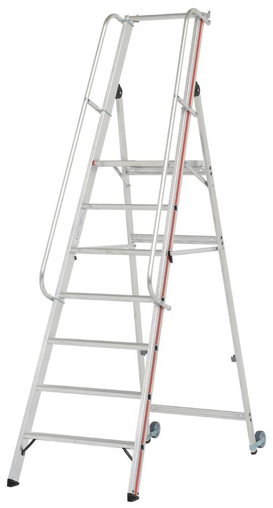 Plattformleiter R13 mit Kipprollen und langem Handlauf