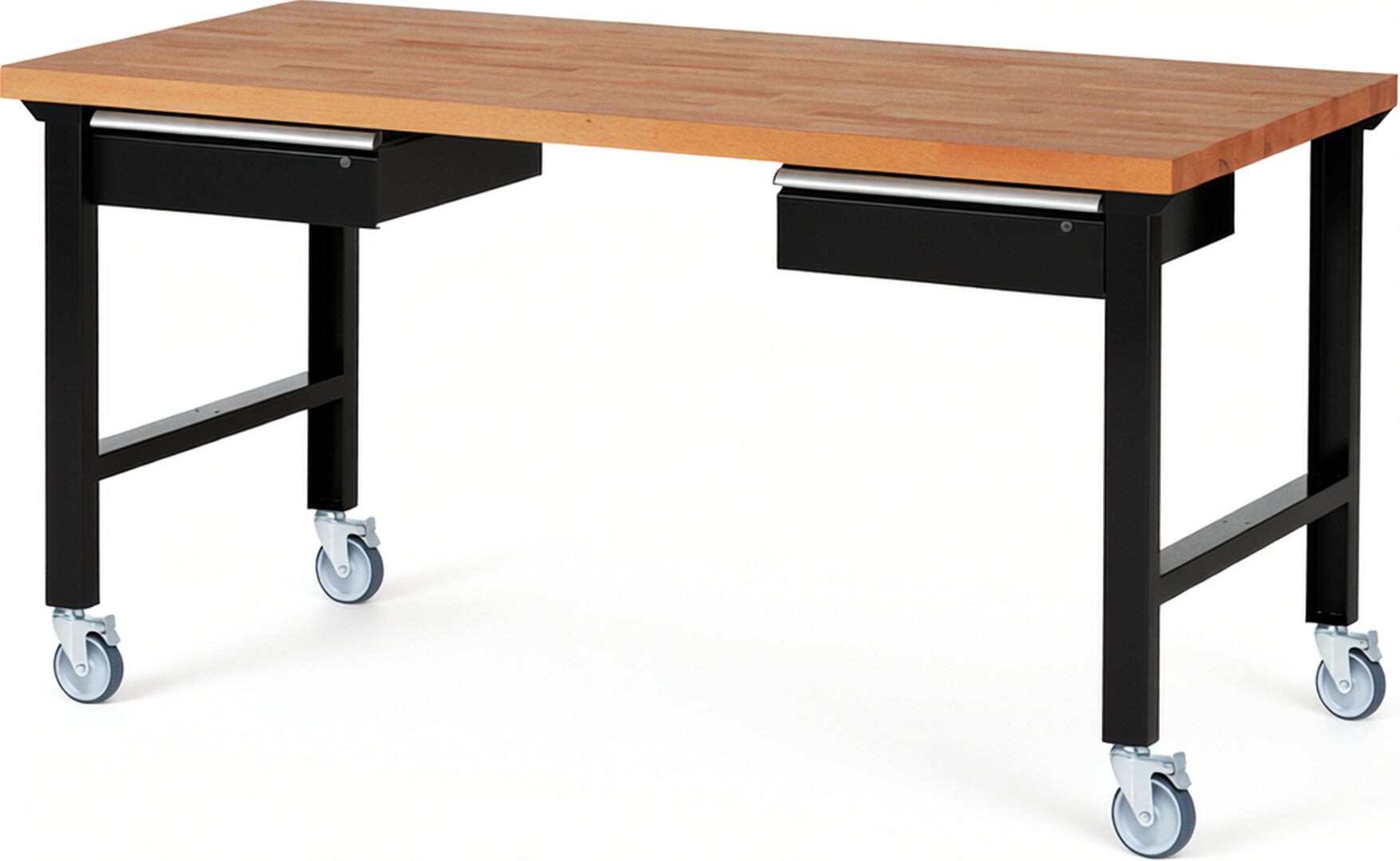 Fahrbare Werkbank Modell 7002 schwarz, BxTxH 2000x900x1000 mm,  Buche-Massiv Arbeitsplatte 40 mm,  2 Schubladen mit  Auszug 90 %