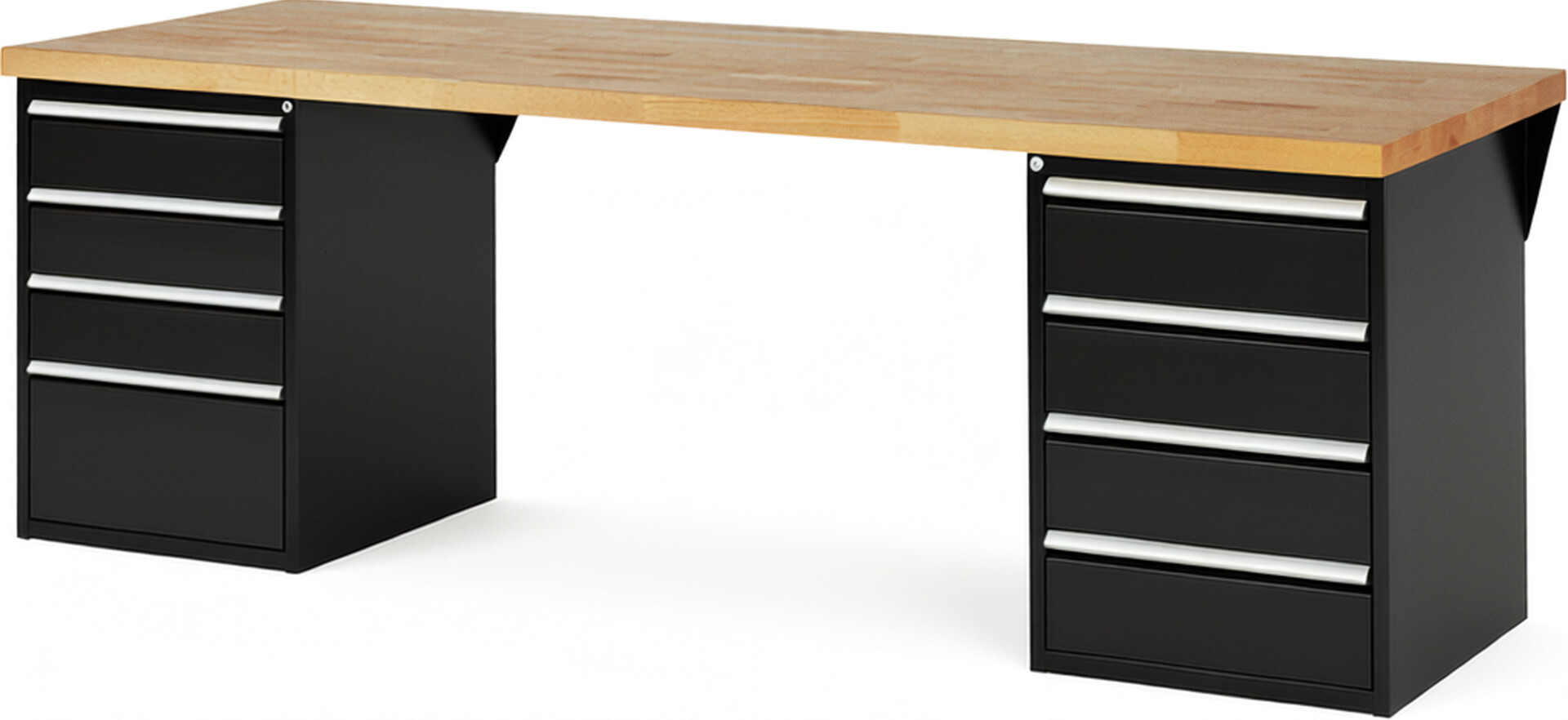 Werkbank Modell 7820 schwarz, BxTxH 2500x900x840 mm,  Buche-Massiv Arbeitsplatte 40 mm,  8 Schubladen mit  Auszug 90 %