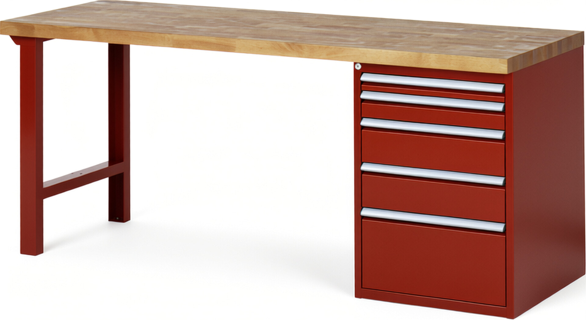 Werkbank Modell 7511 rot, BxTxH 2000x700x890 mm,  Buche-Massiv Arbeitsplatte 40 mm,  5 Schubladen mit  Auszug 90 %