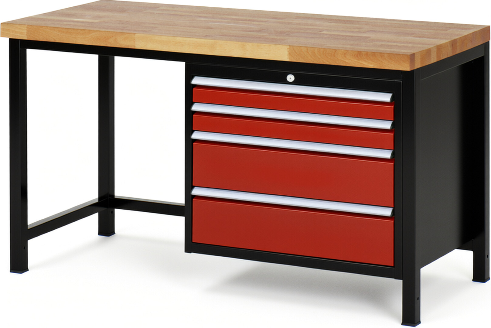 RAU Werkbank schwarz - rot - Breite 150 cm - Tiefe 70 cm - Höhe 104 cm - Buche-Massiv Arbeitsplatte 40 mm