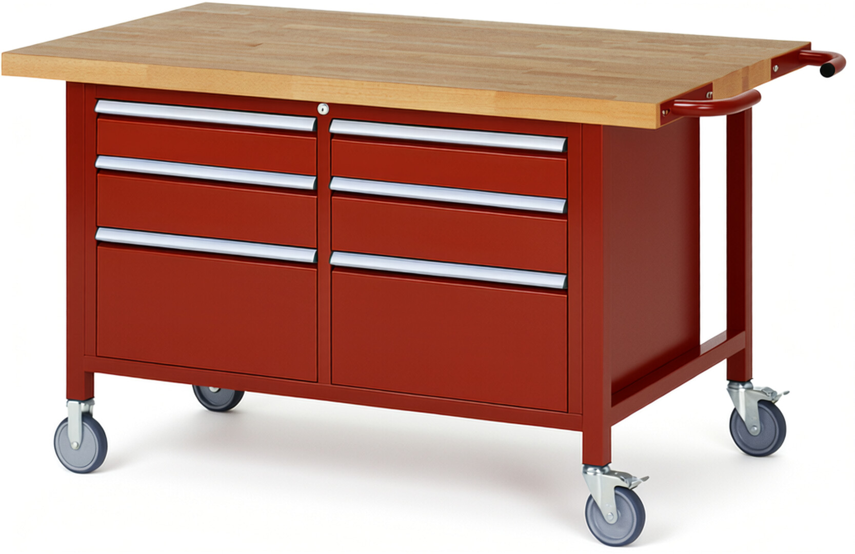 Fahrbare Werkbank Modell 8475 rot, BxTxH 1500x900x880 mm,  Buche-Massiv Arbeitsplatte 40 mm,  6 Schubladen mit  Auszug 90 %