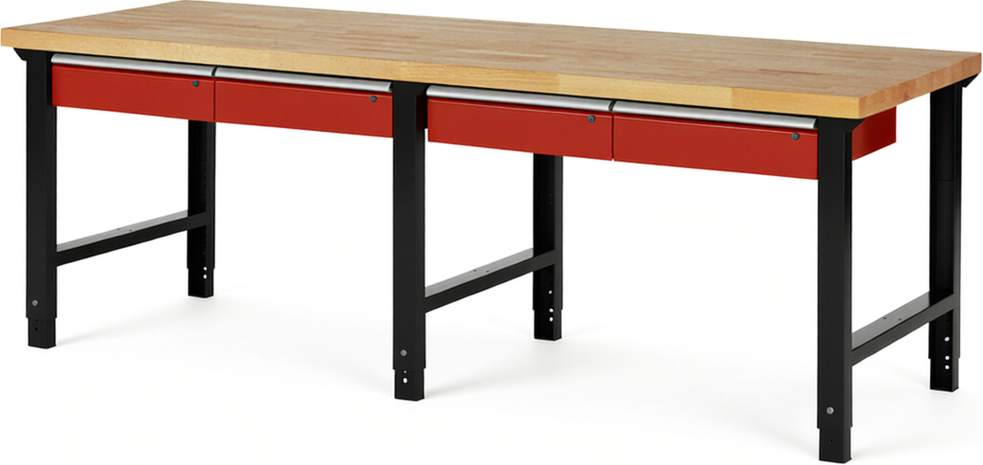 RAU Werkbank schwarz - rot - Breite 250 cm - Tiefe 90 cm - Höhe 114 cm - Buche-Massiv Arbeitsplatte 40 mm