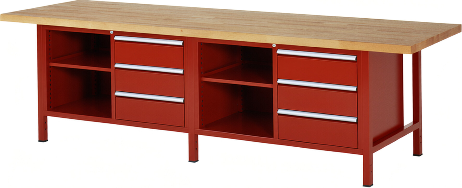 Werkbank Modell 8462 rot, BxTxH 3000x900x840 mm,  Buche-Massiv Arbeitsplatte 40 mm,  6 Schubladen mit  Vollauszug 100 % und  SoftClosing