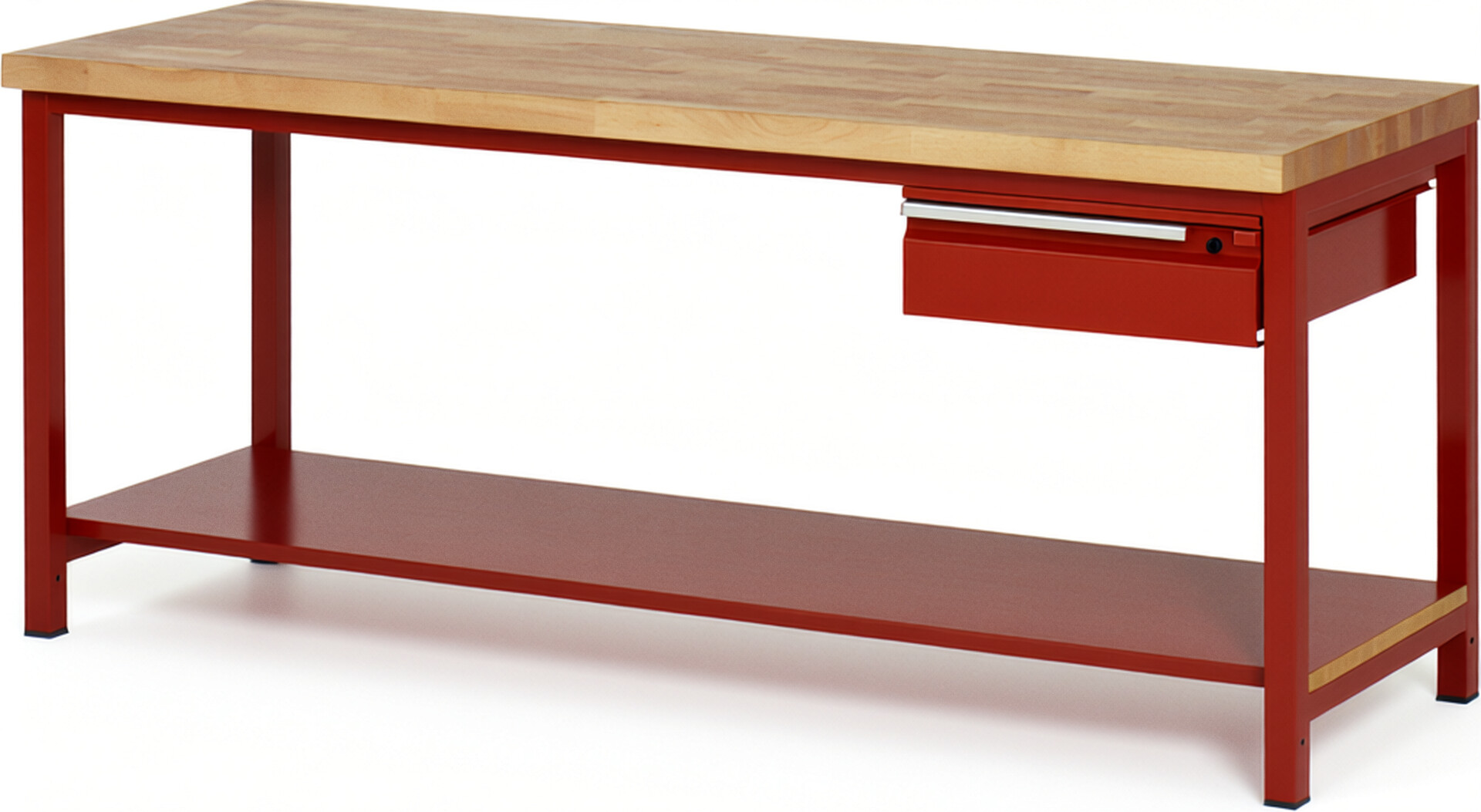 Werkbank - Modell 8001 BASIC rot, BxTxH 2000x700x840 mm,  Buche-Massiv Arbeitsplatte 40 mm,  1 Schublade mit  Auszug 90 %
