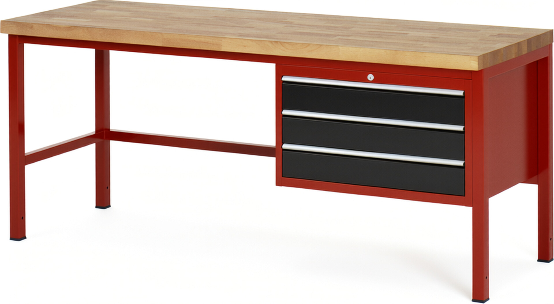Werkbank Modell 8227 rot - schwarz, BxTxH 2000x700x840 mm,  Buche-Massiv Arbeitsplatte 40 mm,  3 Schubladen mit  Auszug 90 %