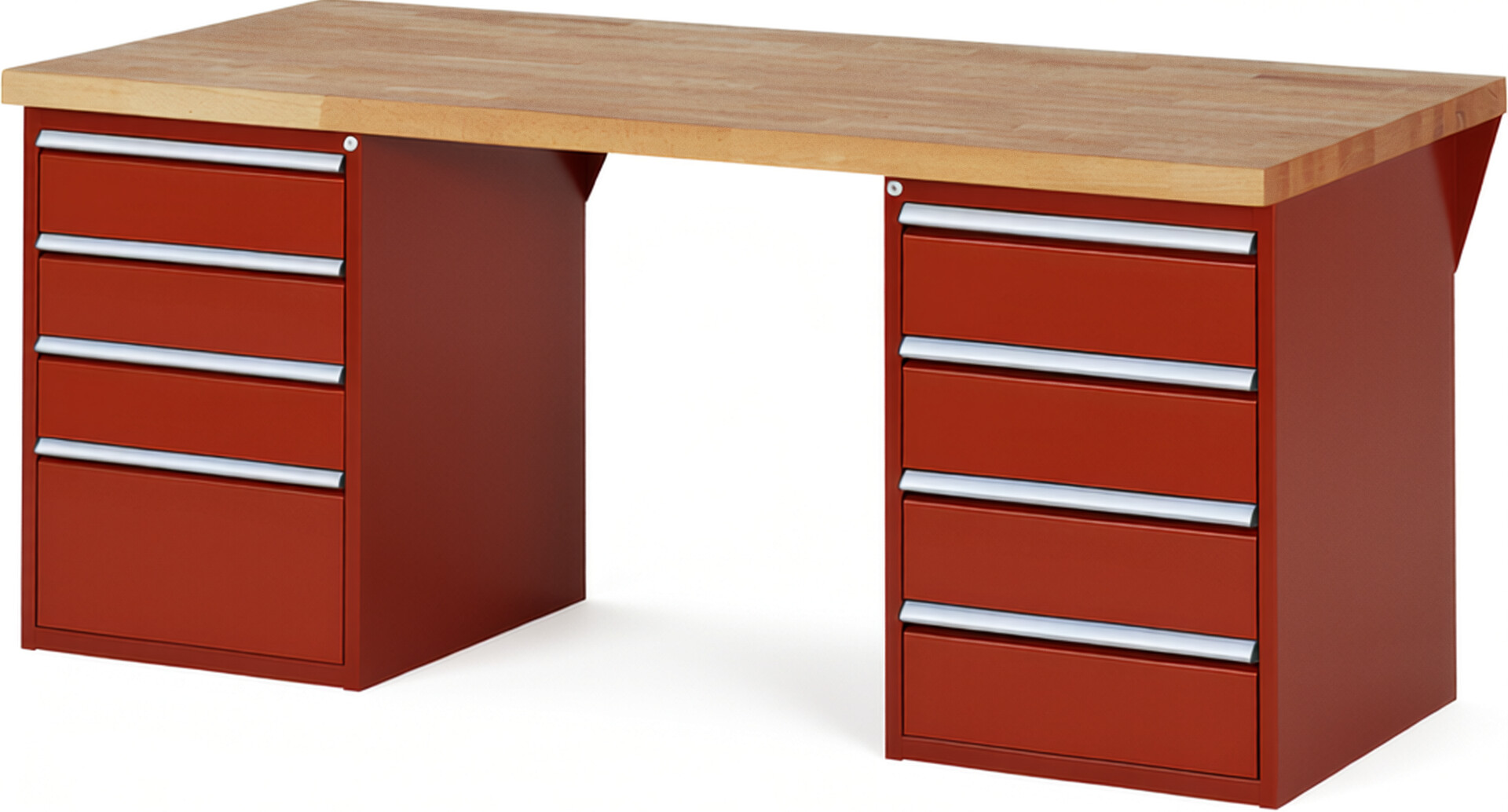 Werkbank Modell 7820 rot, BxTxH 2000x900x890 mm,  Buche-Massiv Arbeitsplatte 40 mm,  8 Schubladen mit  Vollauszug 100 % und  SoftClosing