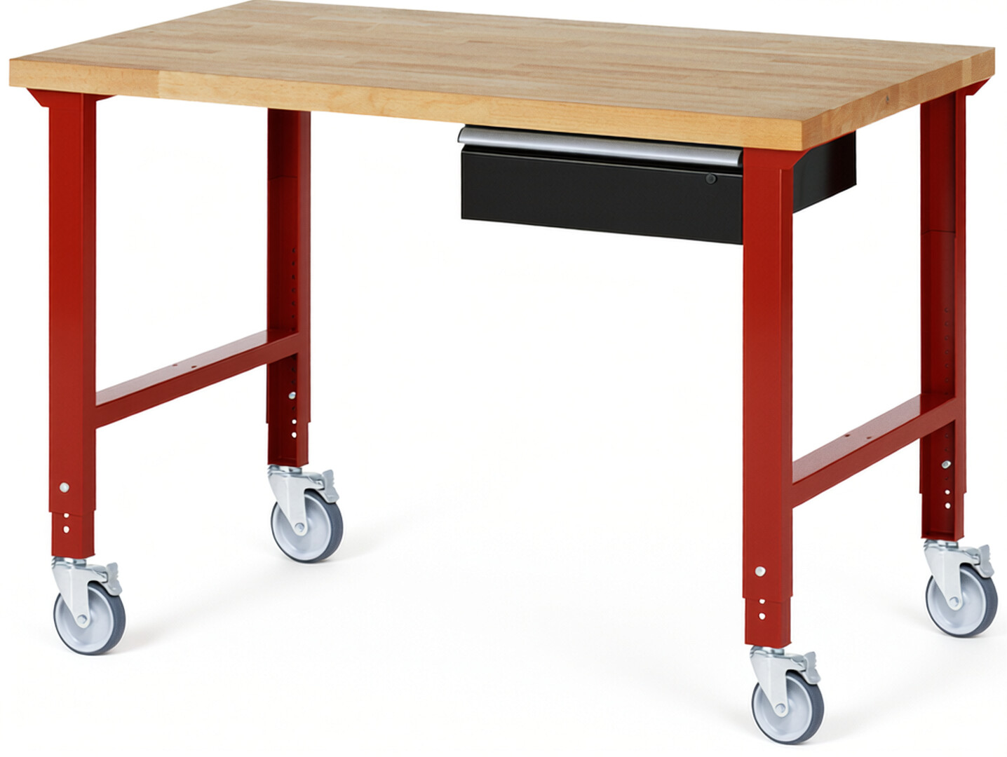 Fahrbare Werkbank Modell 7001 rot - schwarz, BxTxH 1500x900x950-1000 mm,  Buche-Massiv Arbeitsplatte 40 mm,  1 Schublade mit  Auszug 90 %