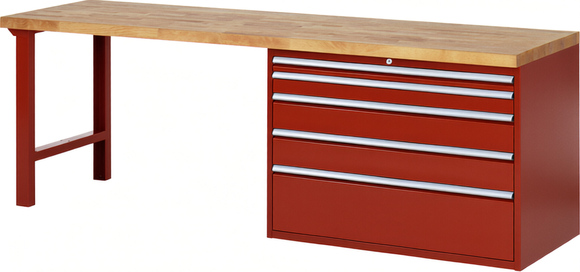 Werkbank Modell 7711 rot, BxTxH 2500x700x890 mm,  Buche-Massiv Arbeitsplatte 40 mm,  5 Schubladen mit  Auszug 90 %