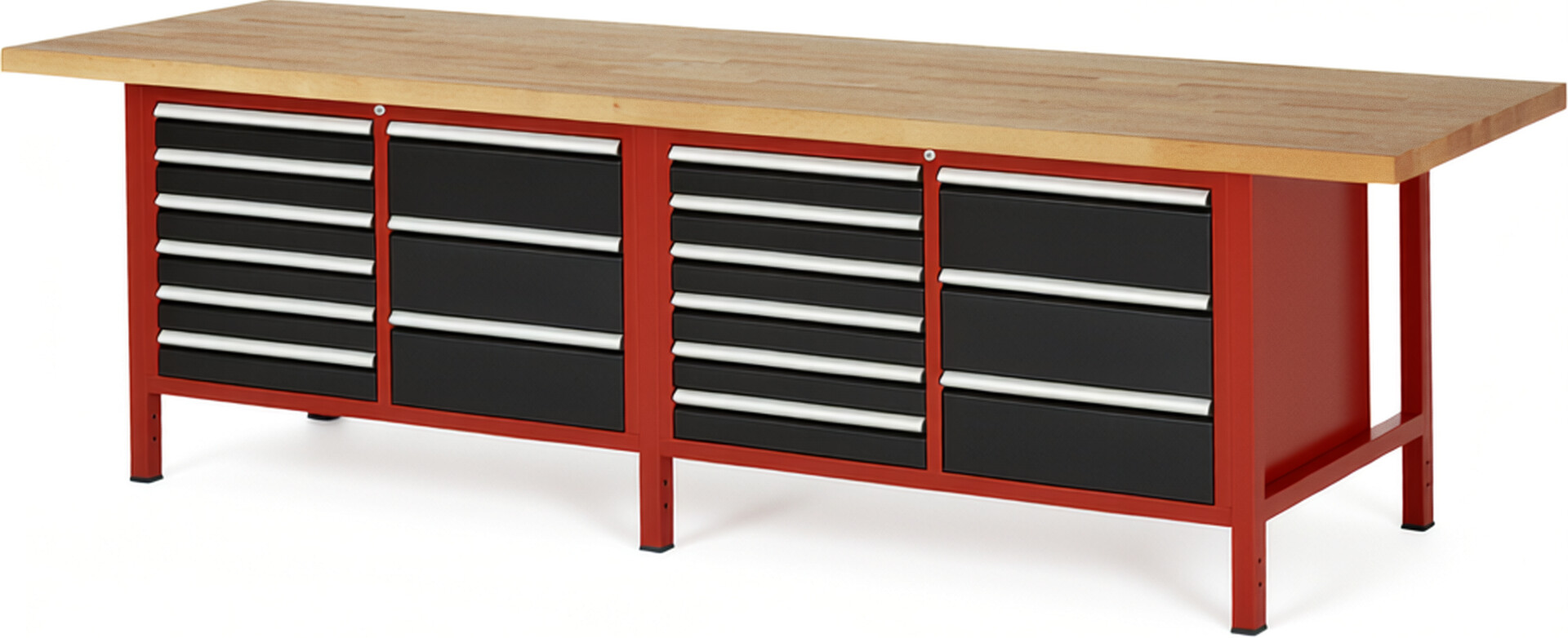 Werkbank Modell 8479 rot - schwarz, BxTxH 3000x900x840-1040 mm,  Buche-Massiv Arbeitsplatte 40 mm,  18 Schubladen mit  Auszug 90 %