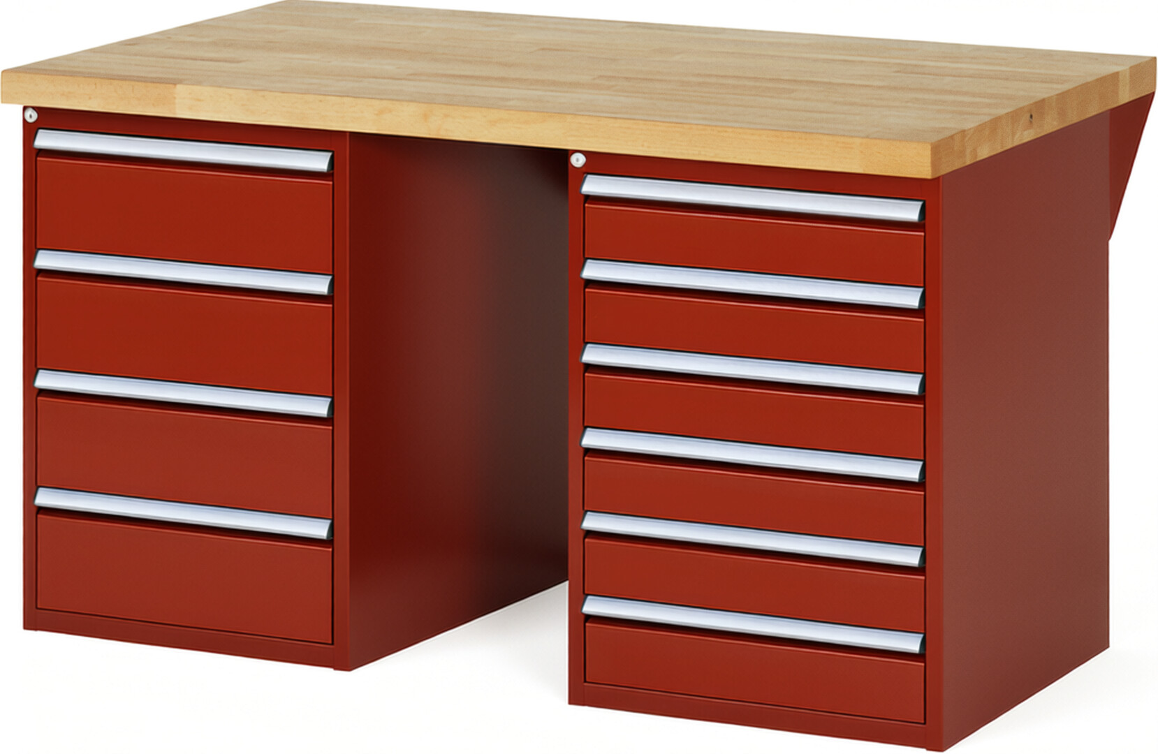 Werkbank Modell 7821 rot, BxTxH 1500x900x890 mm,  Buche-Massiv Arbeitsplatte 40 mm,  10 Schubladen mit  Auszug 90 %