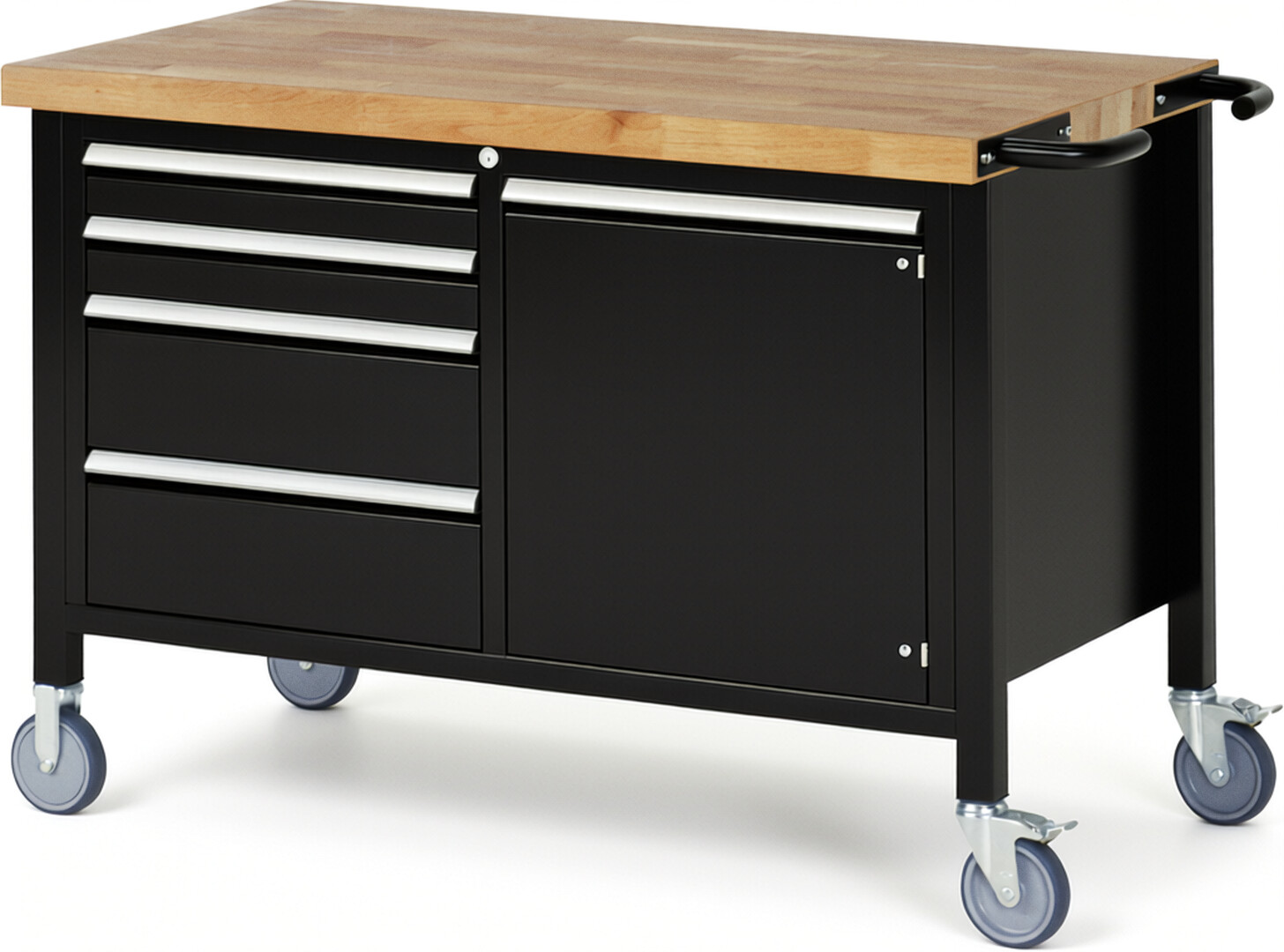 Fahrbare Werkbank Modell 8470 schwarz, BxTxH 1250x700x880-1080 mm,  Buche-Massiv Arbeitsplatte 40 mm,  4 Schubladen mit  Auszug 90 %