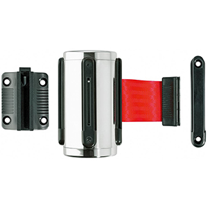 Wand-Gurtkassette, Chrom mit rotem Gurt max. 3 m