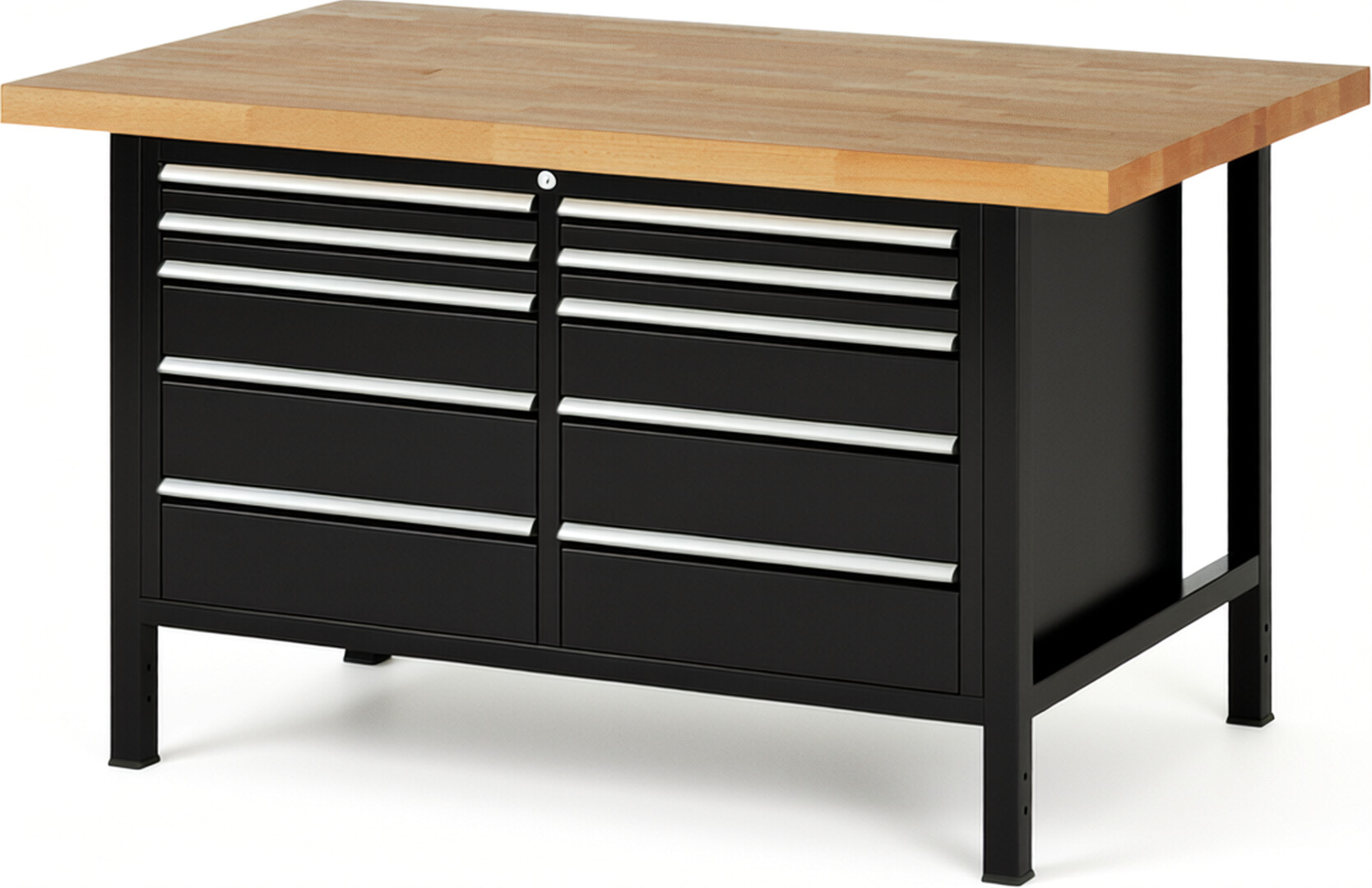 Werkbank Modell 8480 schwarz, BxTxH 1500x900x840 mm,  Buche-Massiv Arbeitsplatte 40 mm,  10 Schubladen mit  Vollauszug 100 % und  SoftClosing