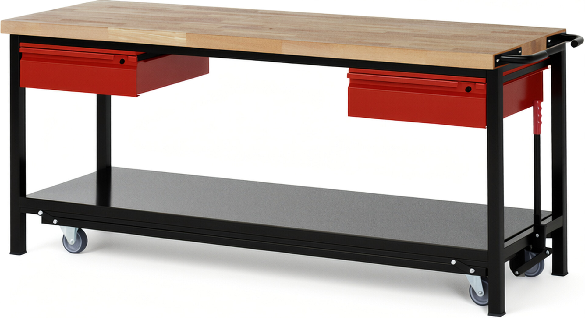RAU Werkbank schwarz - rot - Breite 200 cm - Tiefe 70 cm - Höhe 88 cm - Buche-Massiv Arbeitsplatte 40 mm