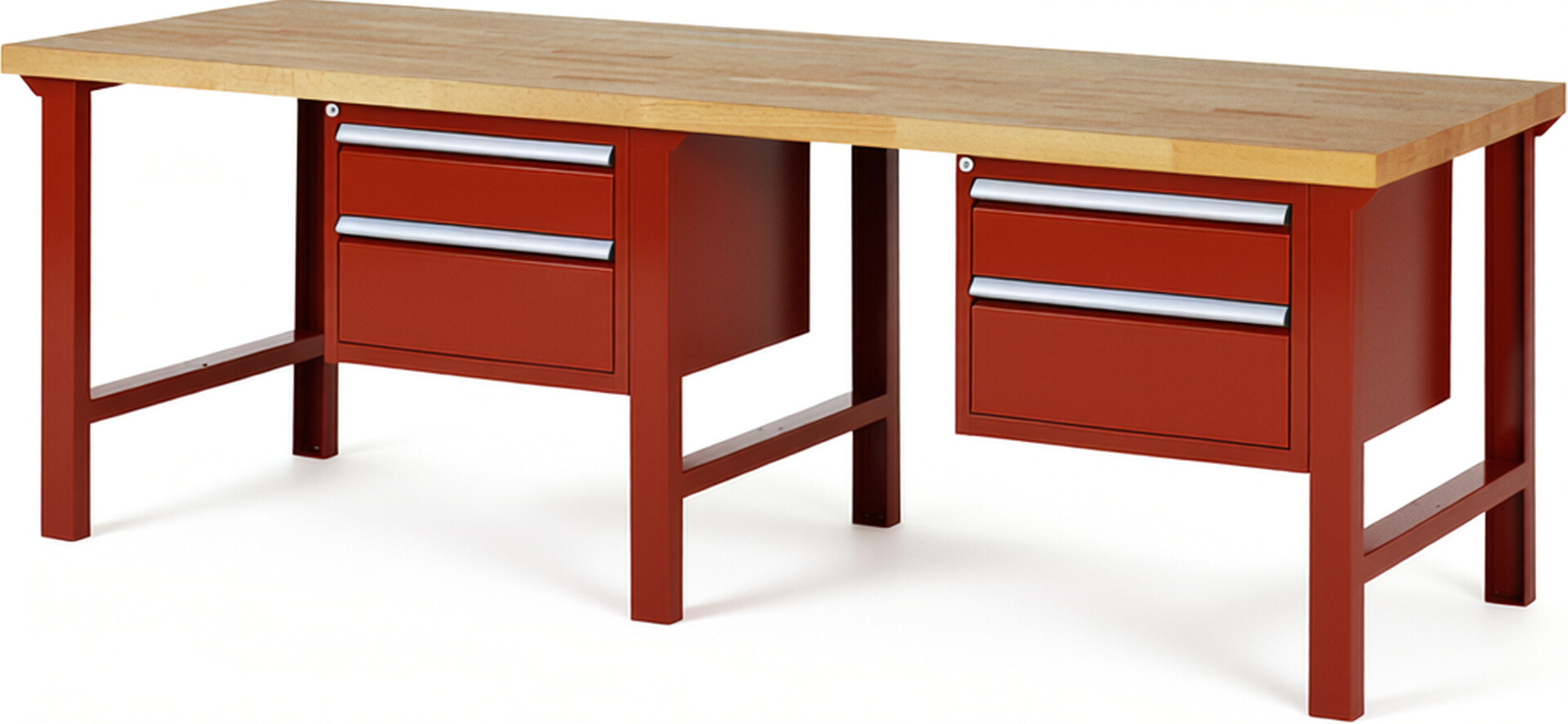 Werkbank Modell 7123 rot, BxTxH 2500x900x840 mm,  Buche-Massiv Arbeitsplatte 40 mm,  4 Schubladen mit  Auszug 90 %