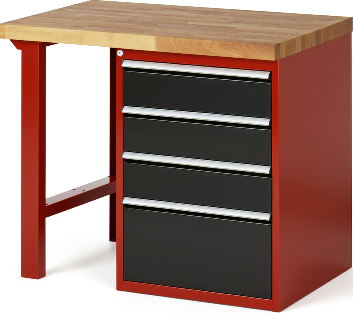 Werkbank Modell 7510 rot - schwarz, BxTxH 1000x700x890 mm,  Buche-Massiv Arbeitsplatte 40 mm,  4 Schubladen mit  Auszug 90 %
