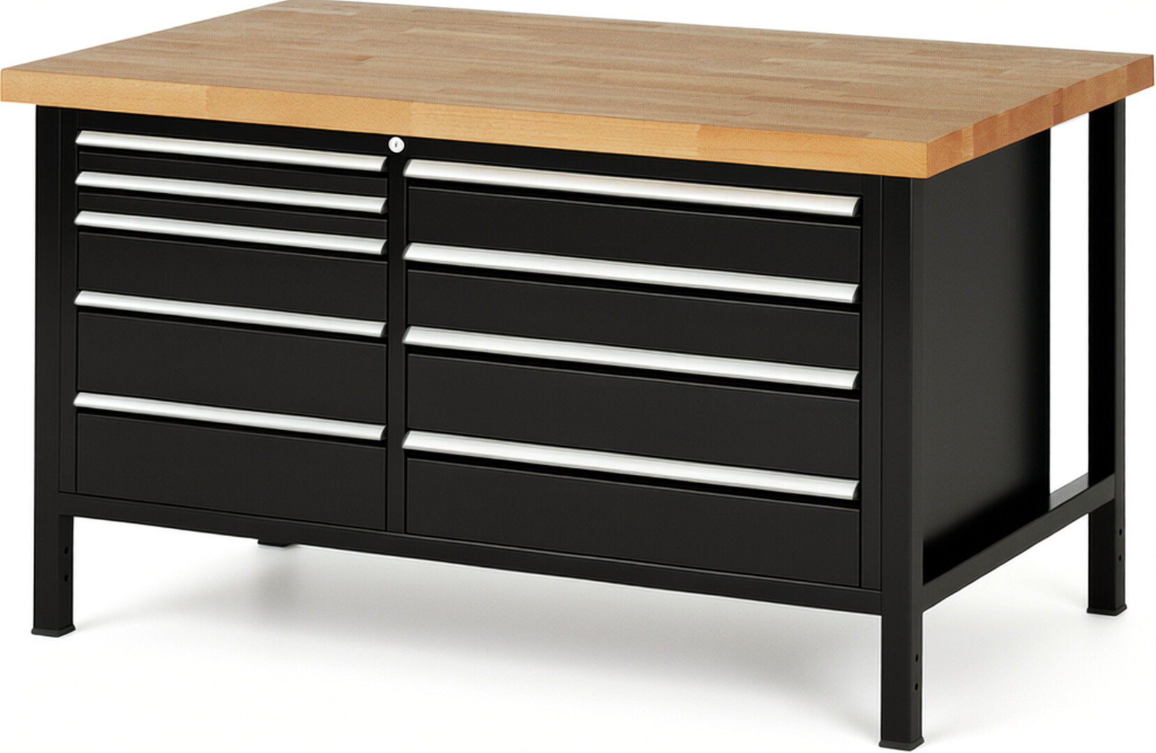 Werkbank Modell 8655 schwarz, BxTxH 1500x900x840 mm,  Buche-Massiv Arbeitsplatte 40 mm,  9 Schubladen mit  Auszug 90 %