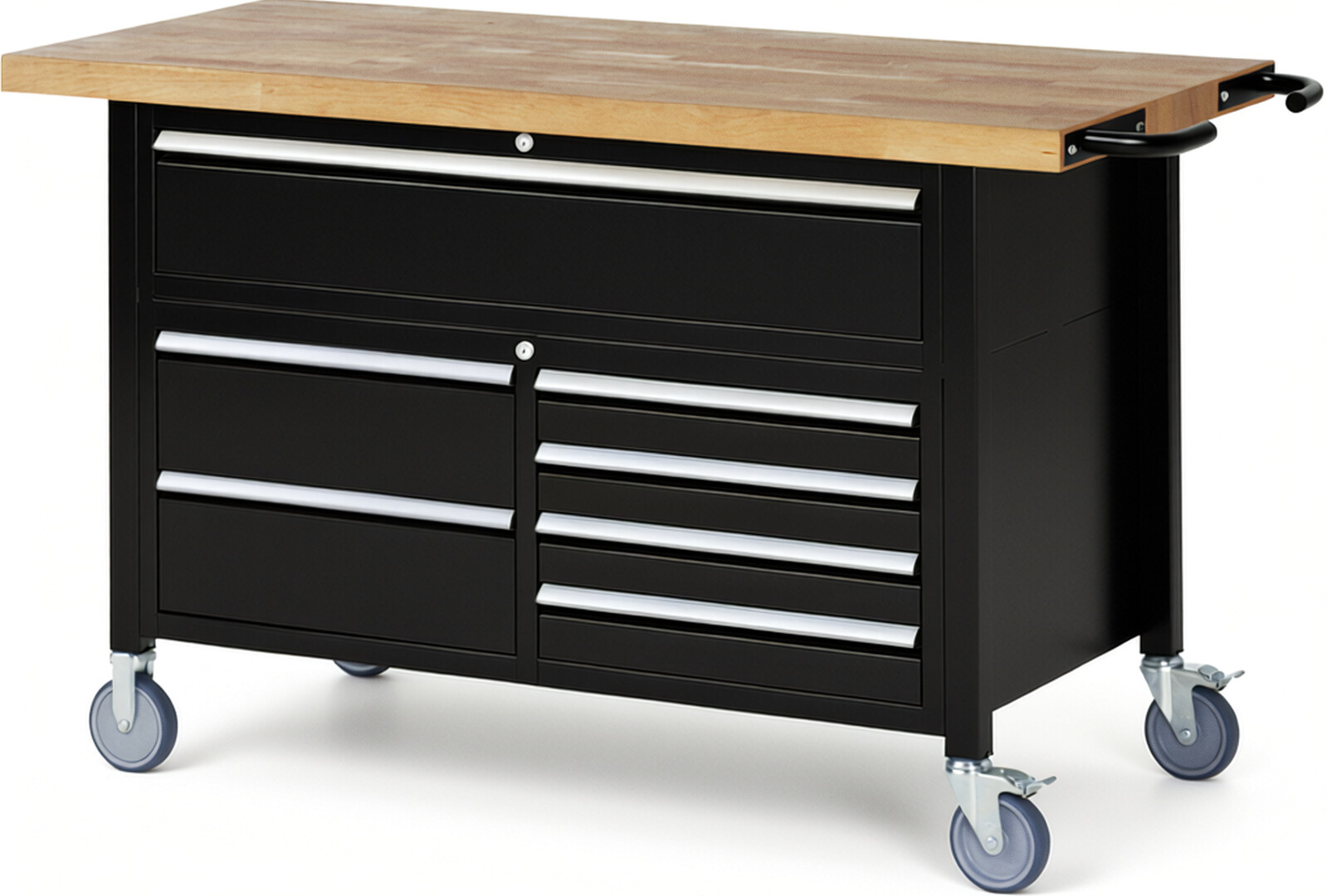 Fahrbare Werkbank Modell 8921 schwarz, BxTxH 1500x700x920-1120 mm,  Buche-Massiv Arbeitsplatte 40 mm,  7 Schubladen mit  Vollauszug 100 % und  SoftClosing