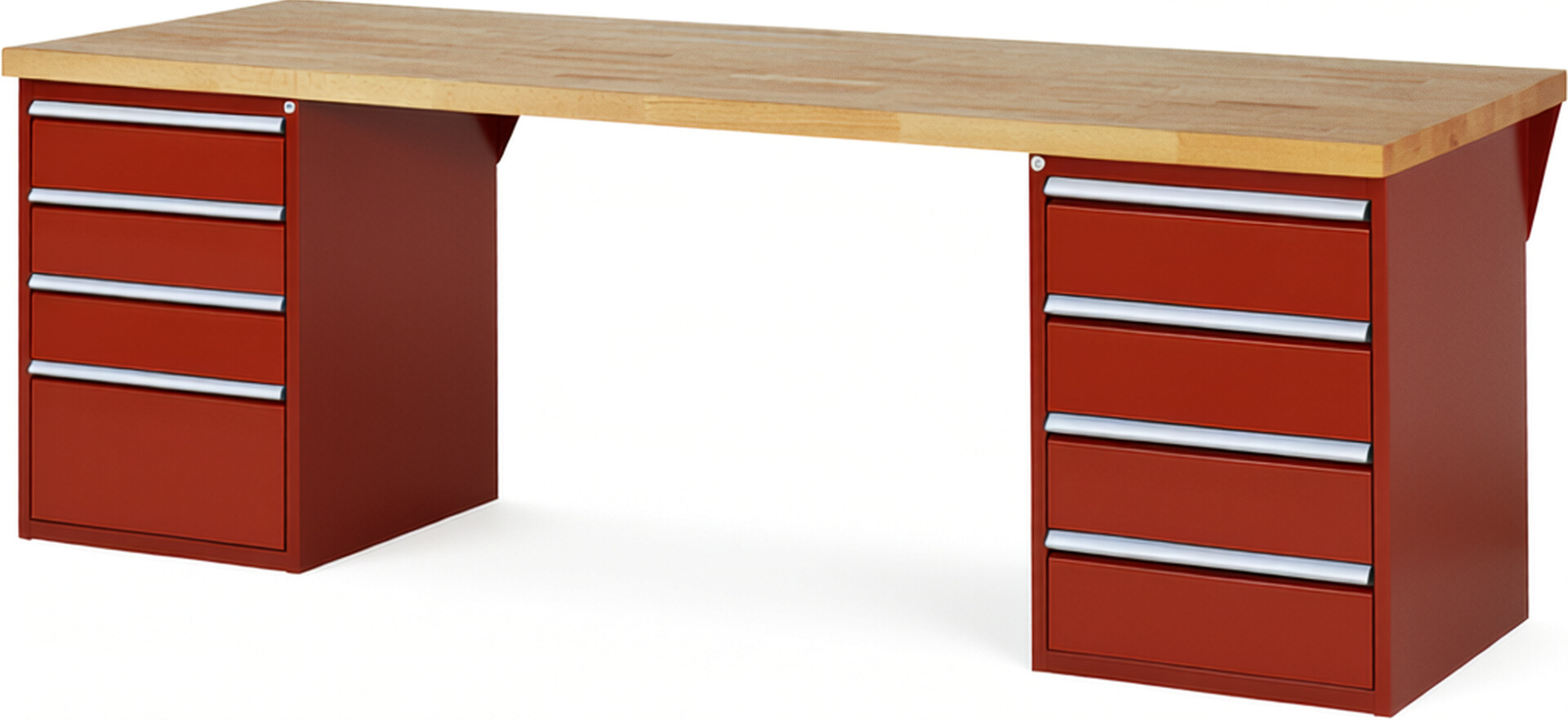 Werkbank Modell 7820 rot, BxTxH 2500x900x840 mm,  Buche-Massiv Arbeitsplatte 40 mm,  8 Schubladen mit  Auszug 90 %