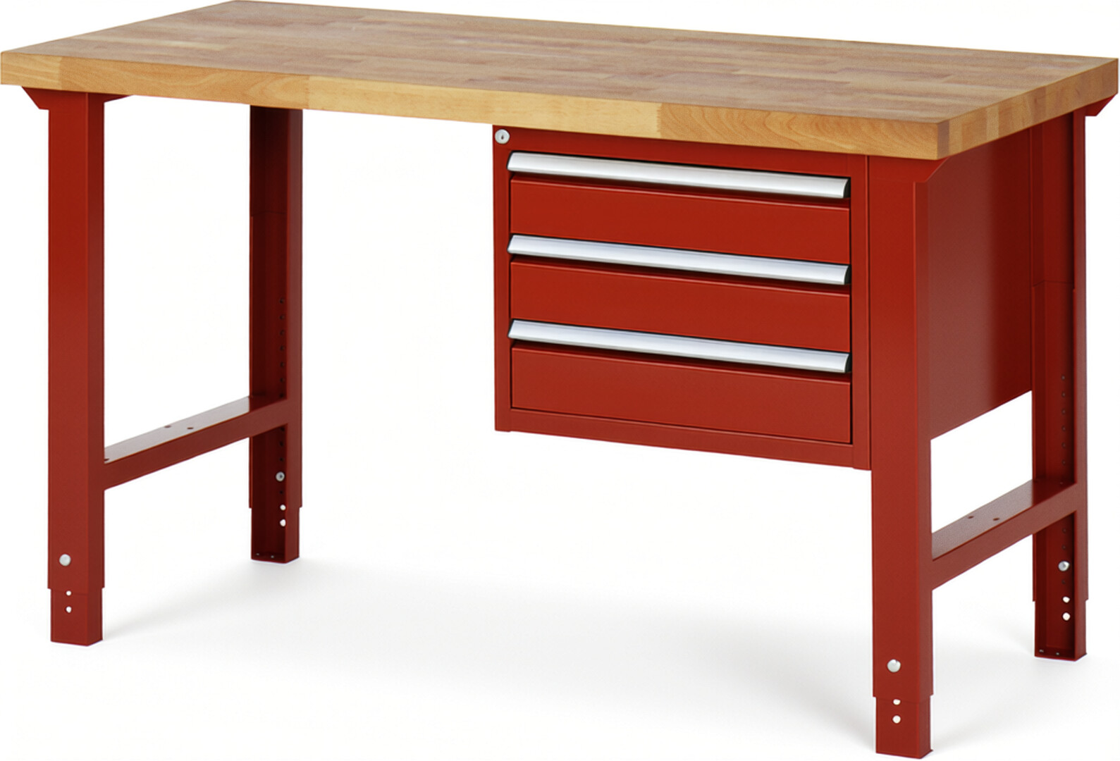 Werkbank Modell 7127 rot, BxTxH 1500x700x790-1140 mm,  Buche-Massiv Arbeitsplatte 40 mm,  3 Schubladen mit  Auszug 90 %