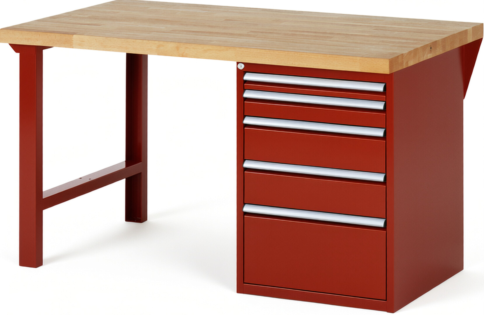 Werkbank Modell 7511 rot, BxTxH 1500x900x890 mm,  Buche-Massiv Arbeitsplatte 40 mm,  5 Schubladen mit  Auszug 90 %