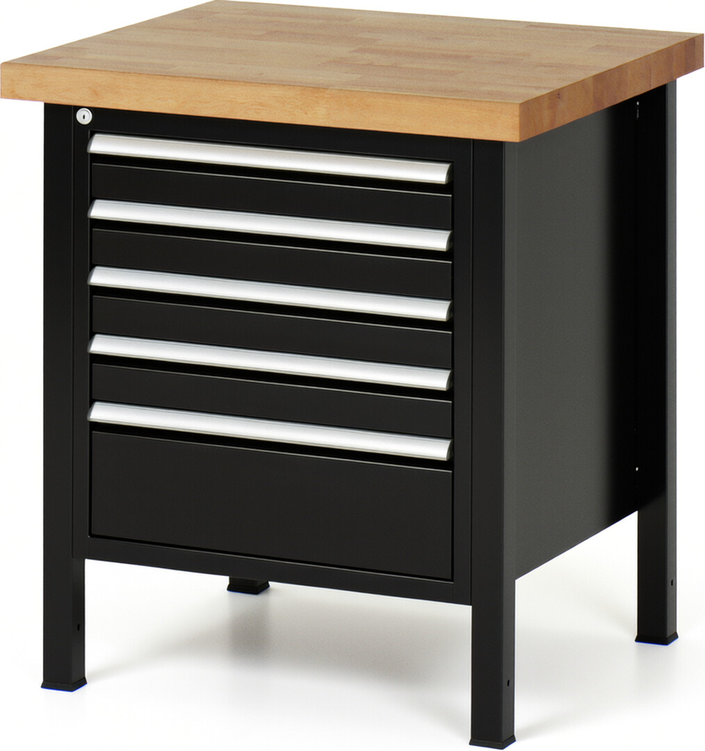 Werkbank Modell 8168 schwarz, BxTxH 750x700x840 mm,  Buche-Massiv Arbeitsplatte 40 mm,  5 Schubladen mit  Vollauszug 100 % und  SoftClosing