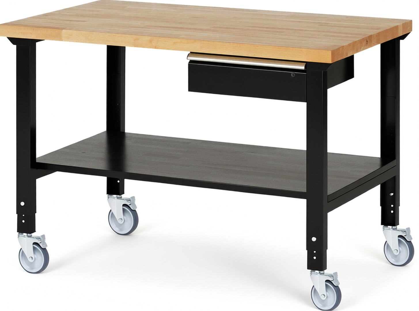 Fahrbare Werkbank Modell 7001 schwarz, BxTxH 1500x900x950-1000 mm,  Buche-Massiv Arbeitsplatte 40 mm,  1 Schublade mit  Auszug 90 %