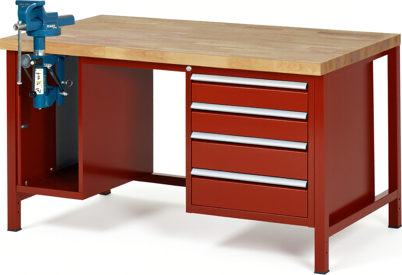 Werkbank Modell 8185 rot, BxTxH 1500x900x840-1040 mm,  Buche-Massiv Arbeitsplatte 40 mm,  4 Schubladen mit  Auszug 90 %