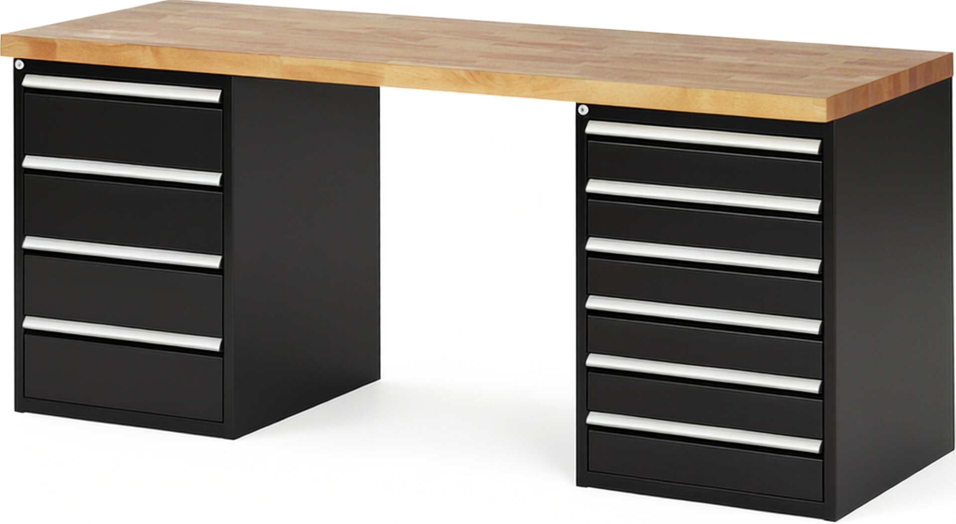 Werkbank Modell 7821 schwarz, BxTxH 2000x700x890 mm,  Buche-Massiv Arbeitsplatte 40 mm,  10 Schubladen mit  Auszug 90 %