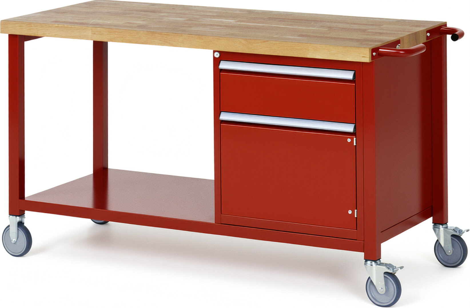 Fahrbare Werkbank Modell 8152 rot, BxTxH 1500x700x880-1080 mm,  Buche-Massiv Arbeitsplatte 40 mm,  1 Schublade mit  Vollauszug 100 % und  SoftClosing