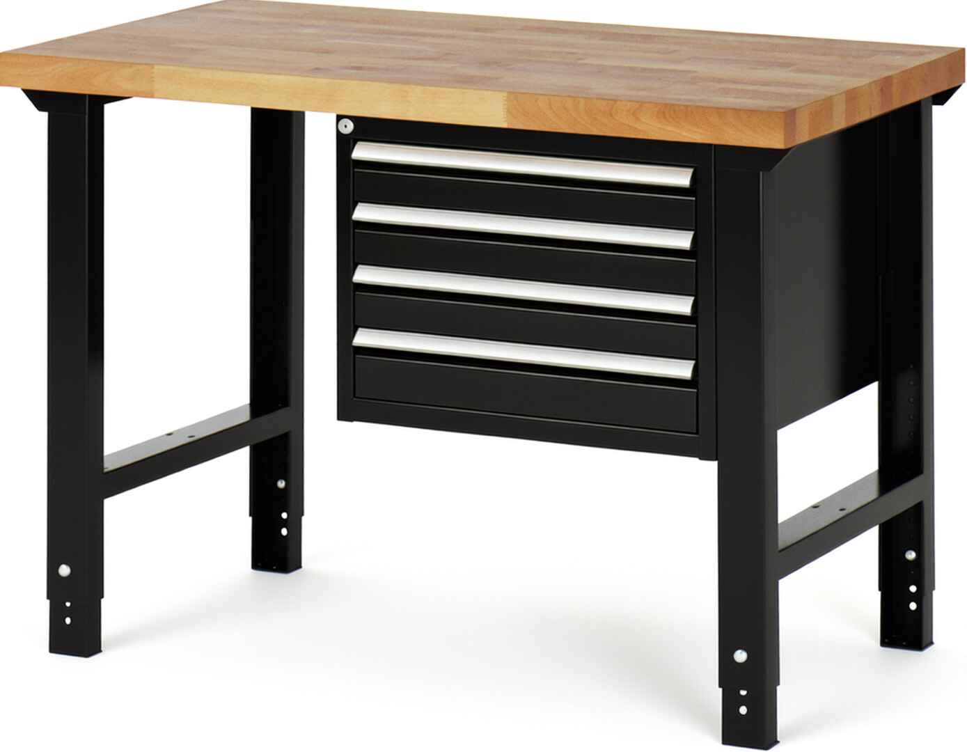 Werkbank Modell 7133 schwarz, BxTxH 1250x700x790-1140 mm,  Buche-Massiv Arbeitsplatte 40 mm,  4 Schubladen mit  Auszug 90 %